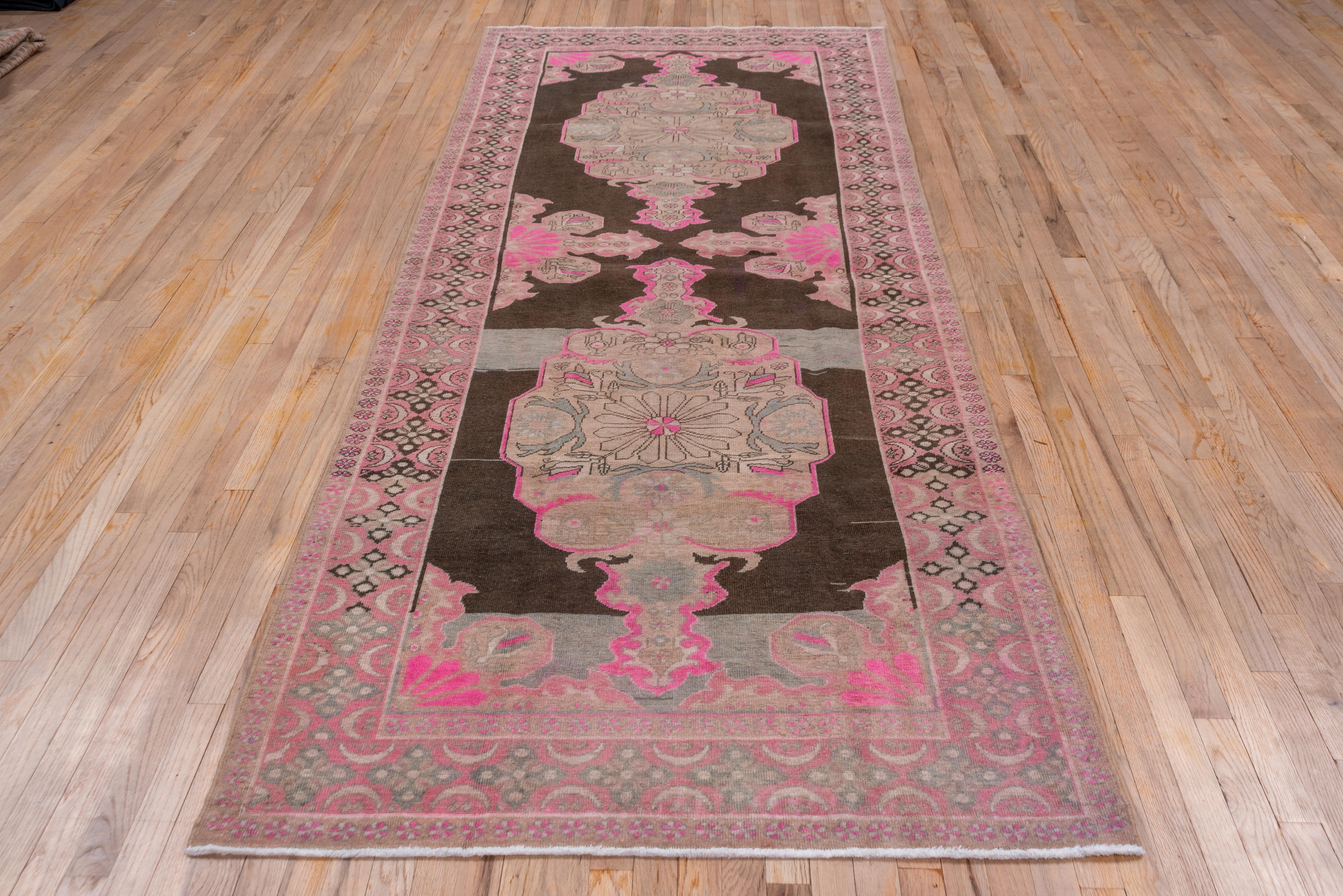 Hand-Knotted Funky Vintage Turkish Kars Gallery Rug, Hot Pink Accents, Brown & Grey Field For Sale