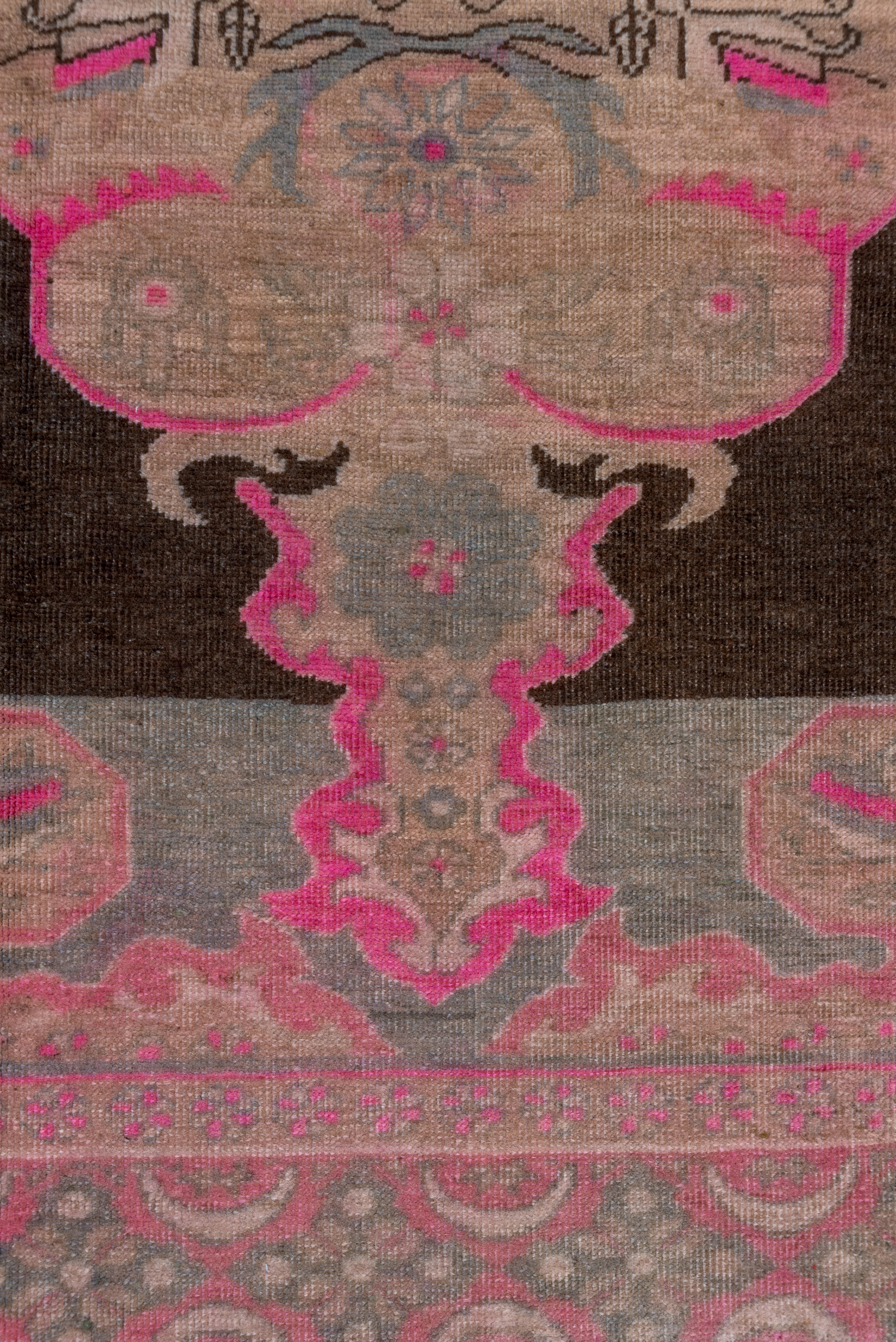Funky Vintage Turkish Kars Gallery Rug, Hot Pink Accents, Brown & Grey Field For Sale 1