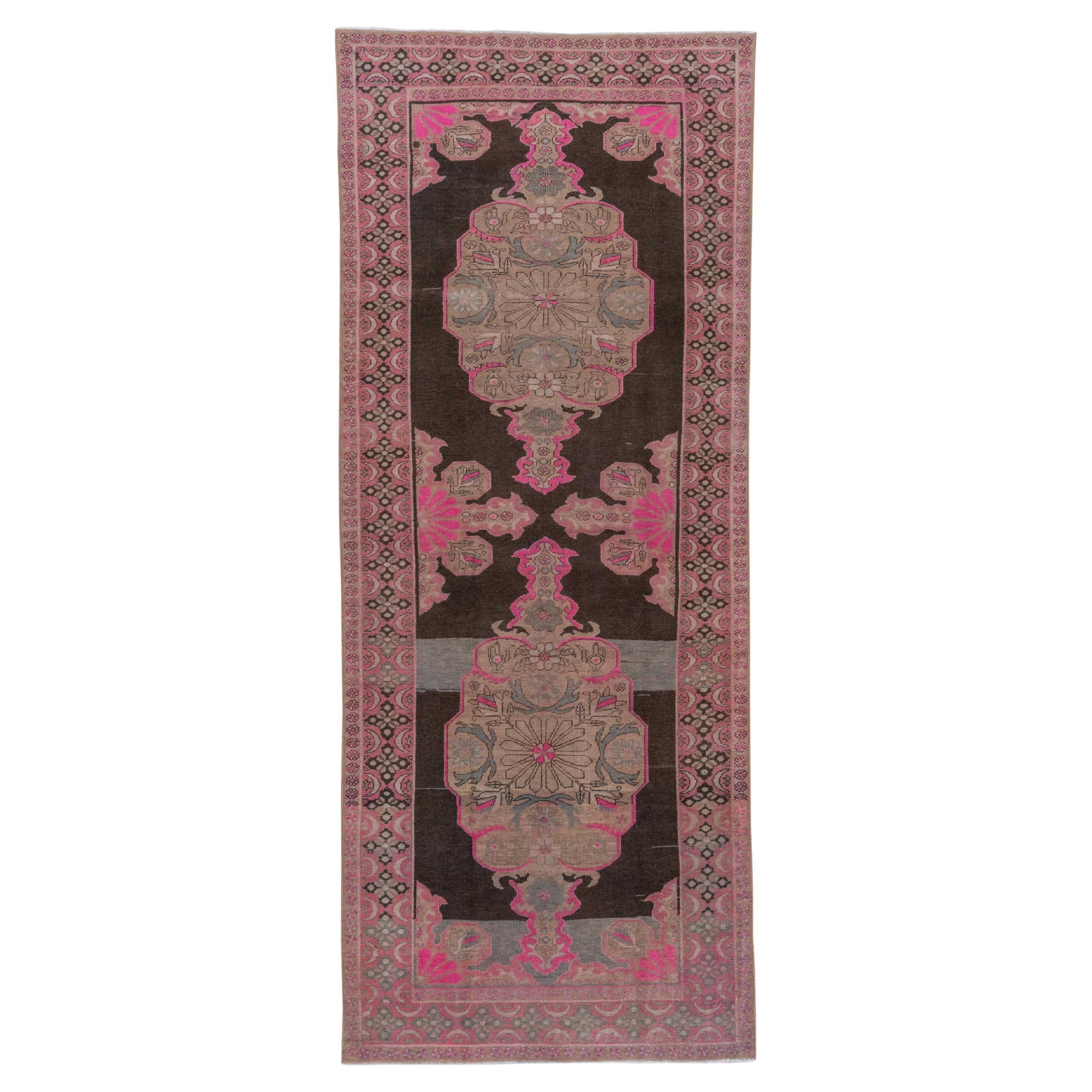 Funky Vintage Turkish Kars Gallery Rug, Hot Pink Accents, Brown & Grey Field For Sale