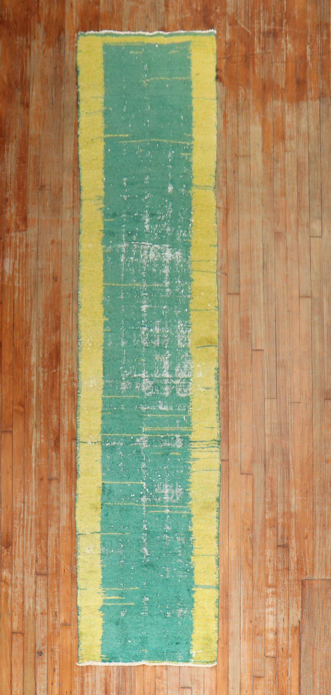 Turkish Anatolian runner with a plain open field design in green and narrow bright yellow solid border.

Measures: 2'3