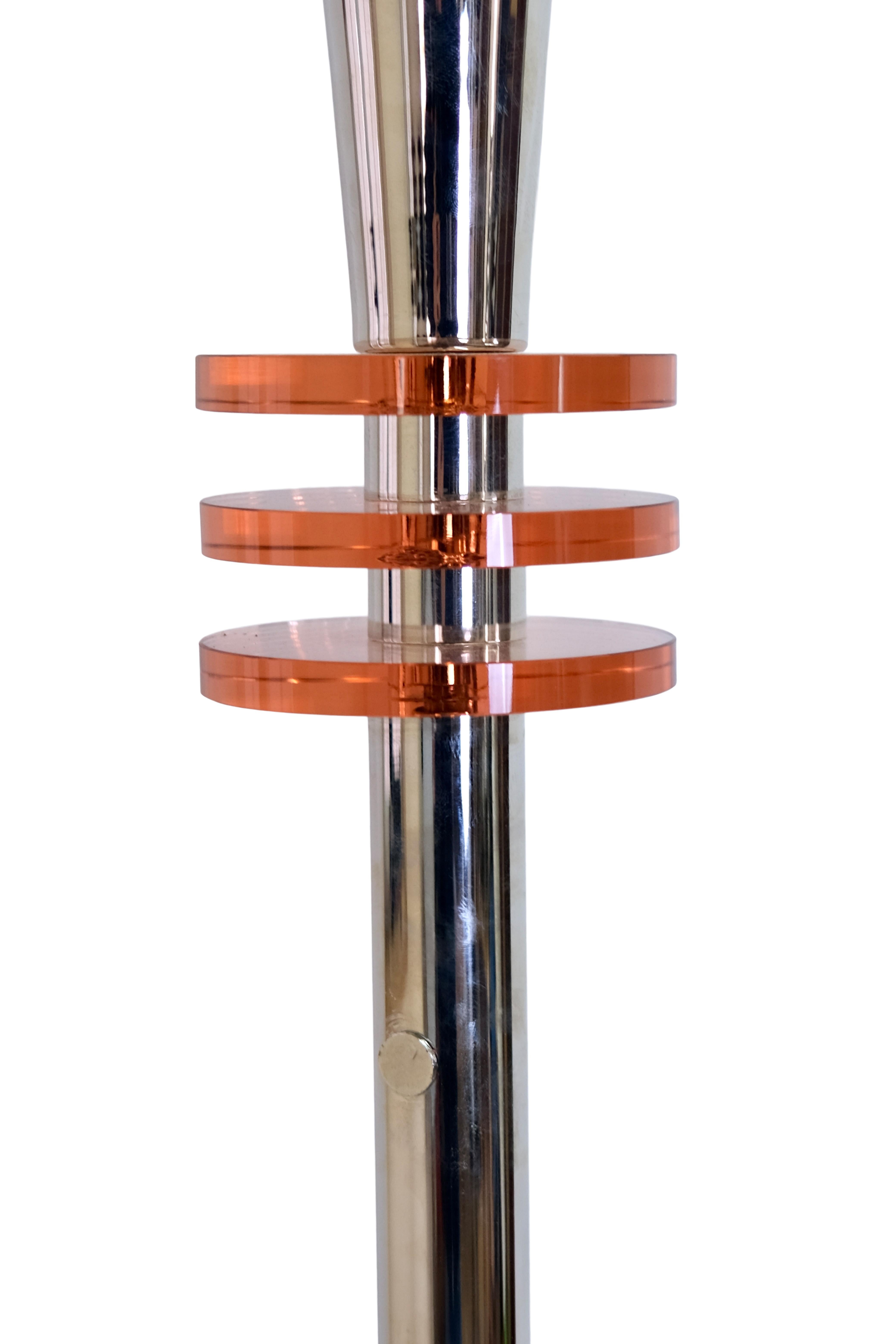 Metal Funnel Shaped French 1930s Art Deco Floor Lamp in Chrome with Orange Glass Rings For Sale