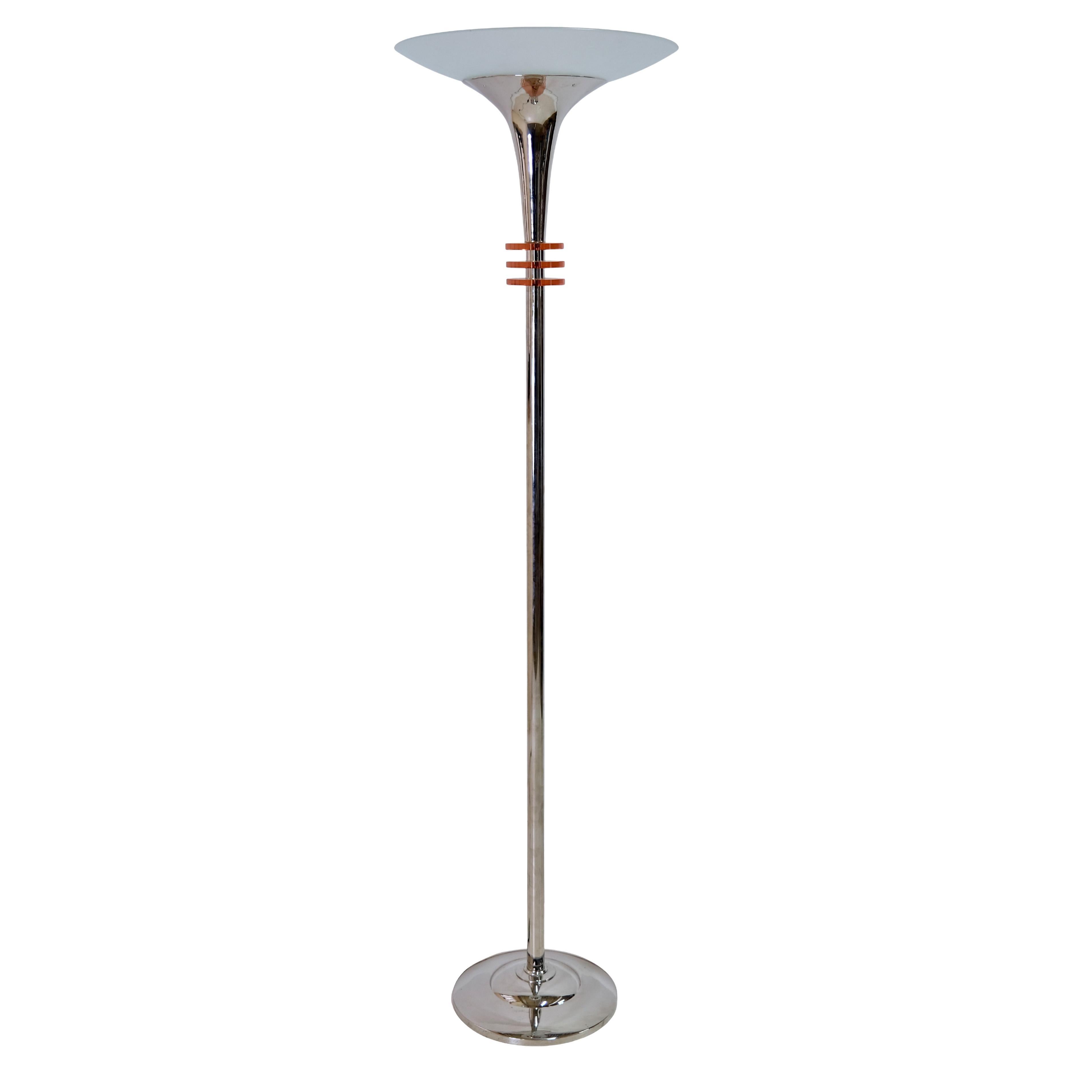 Funnel Shaped French 1930s Art Deco Floor Lamp in Chrome with Orange Glass Rings For Sale