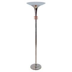 Funnel Shaped French 1930s Art Deco Floor Lamp in Chrome with Orange Glass Rings