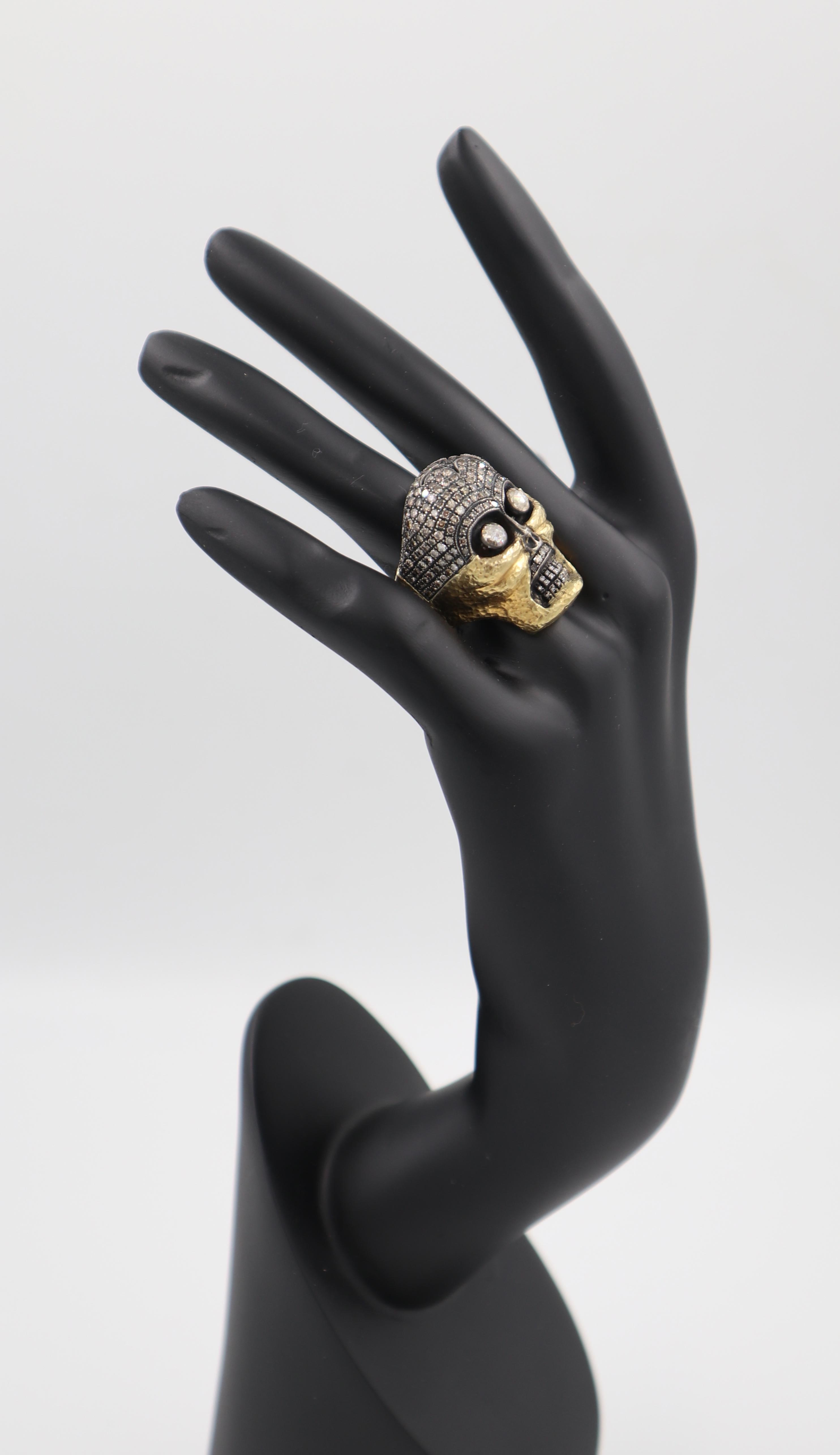 Contemporary Funny Eyes Pave Brown Diamonds and Rose Cut Diamonds Gold and Silver Skull Ring For Sale
