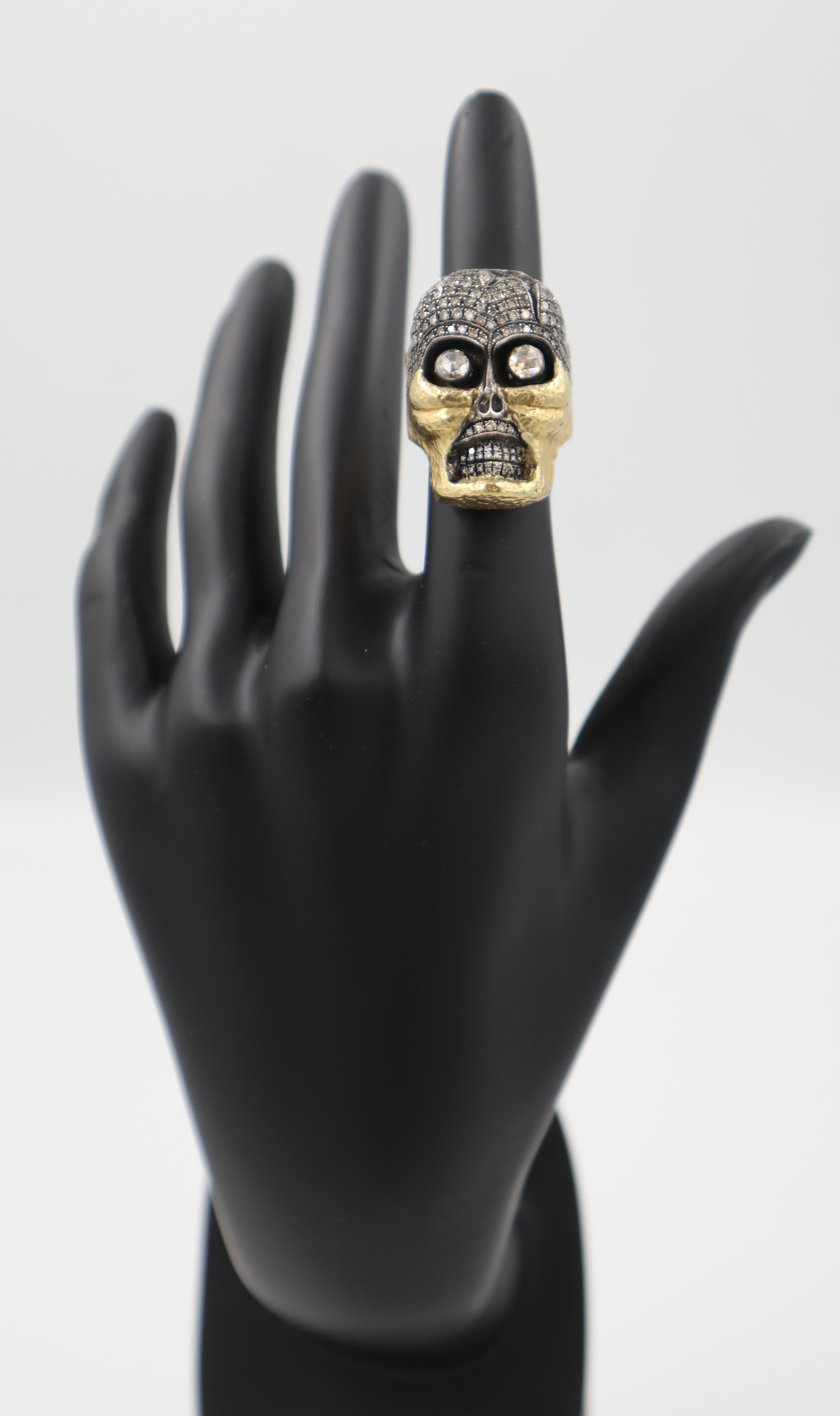 Funny Eyes Pave Brown Diamonds and Rose Cut Diamonds Gold and Silver Skull Ring In New Condition For Sale In ISTANBUL, TR