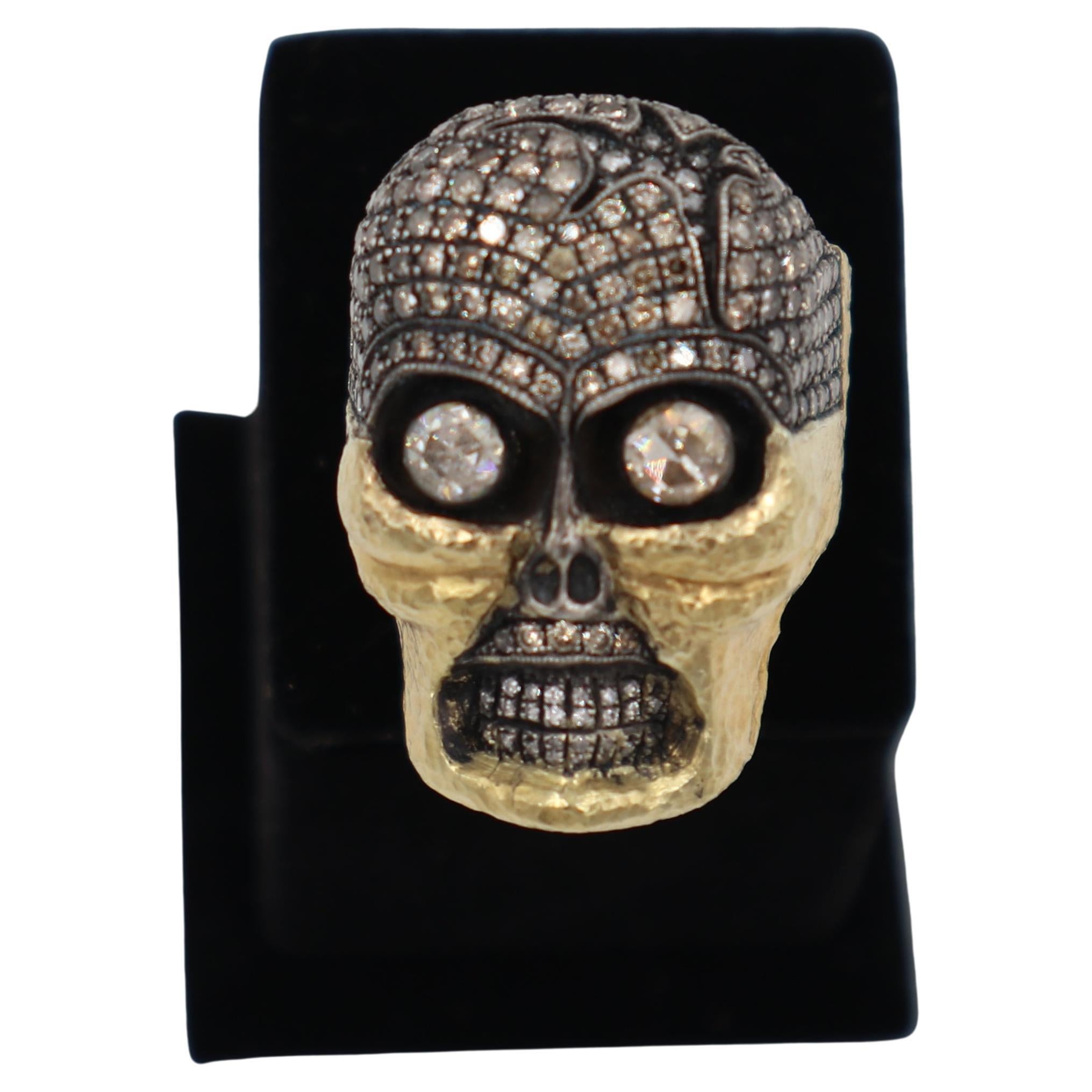 Funny Eyes Pave Brown Diamonds and Rose Cut Diamonds Gold and Silver Skull Ring For Sale