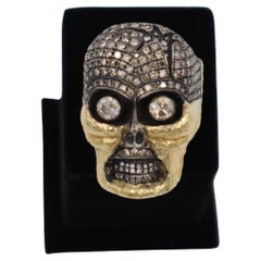 Funny Eyes Pave Brown Diamonds and Rose Cut Diamonds Gold and Silver Skull Ring