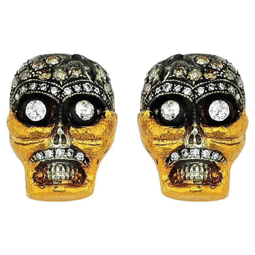 Funny Eyes Pave Moustache Silver and 24k Gold Plated Stud Earring For Sale