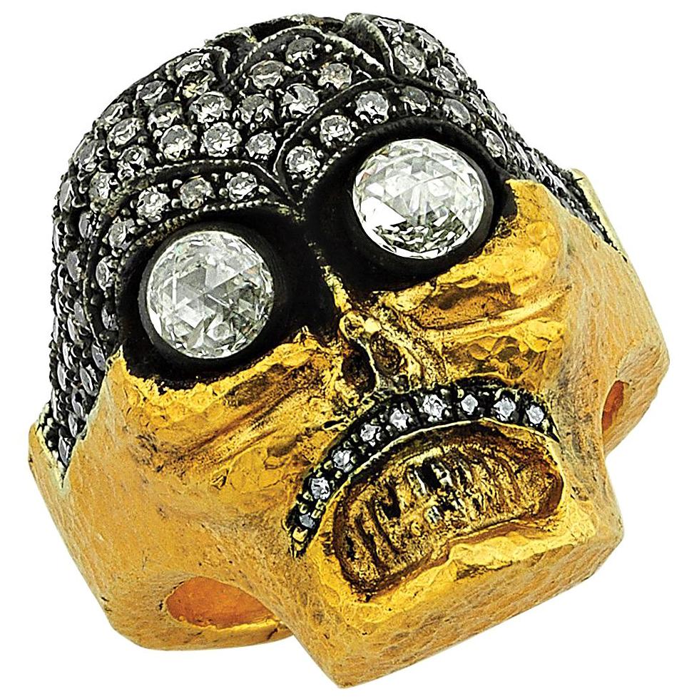 Funny Eyes Pave White Diamonds and Rose Cut Diamonds Gold and Silver Skull Ring For Sale