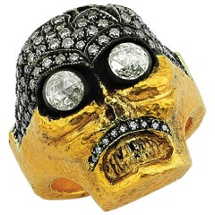 Funny Eyes Pave White Diamonds and Rose Cut Diamonds Gold and Silver Skull Ring