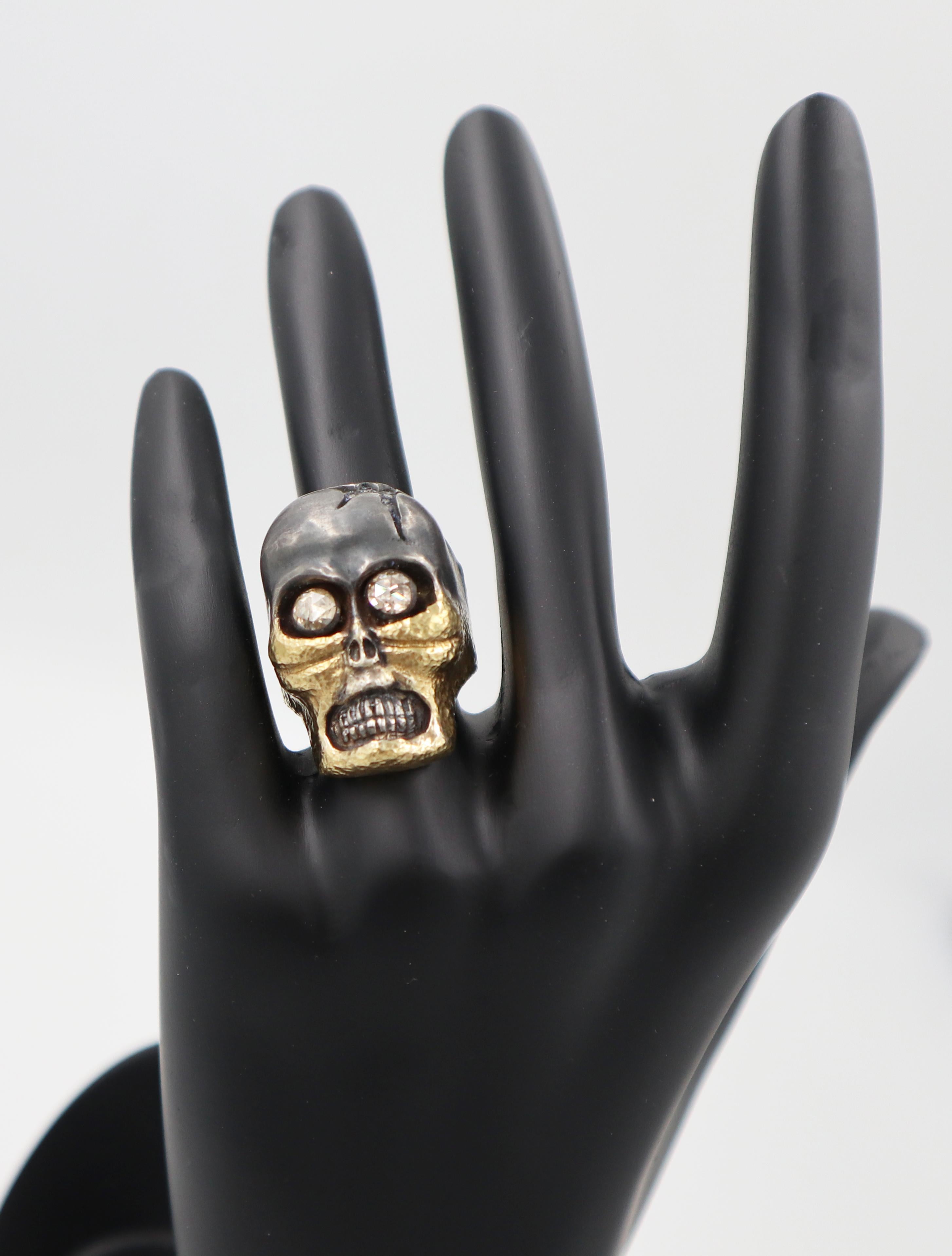 Contemporary Funny Eyes Rose Cut Diamonds Gold and Silver Skull Ring For Sale