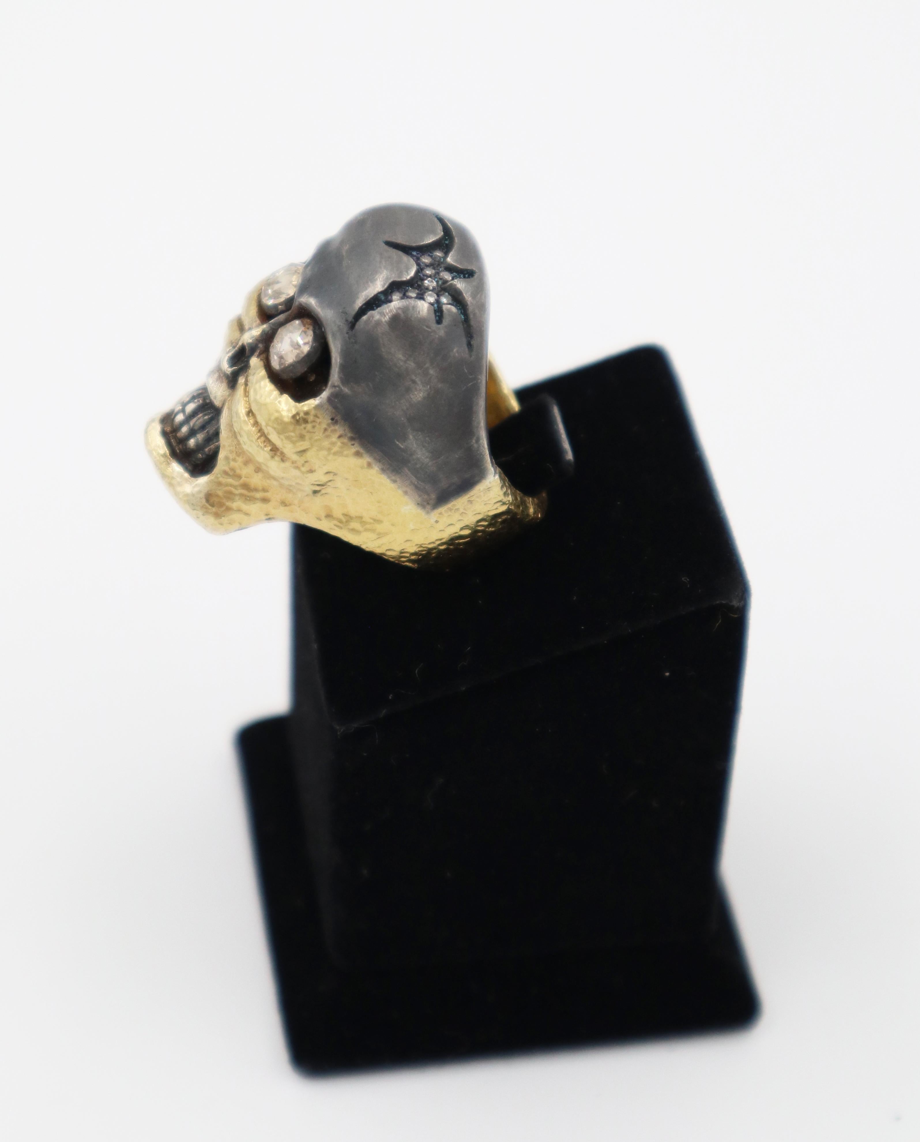 Funny Eyes Rose Cut Diamonds Gold and Silver Skull Ring In New Condition For Sale In ISTANBUL, TR