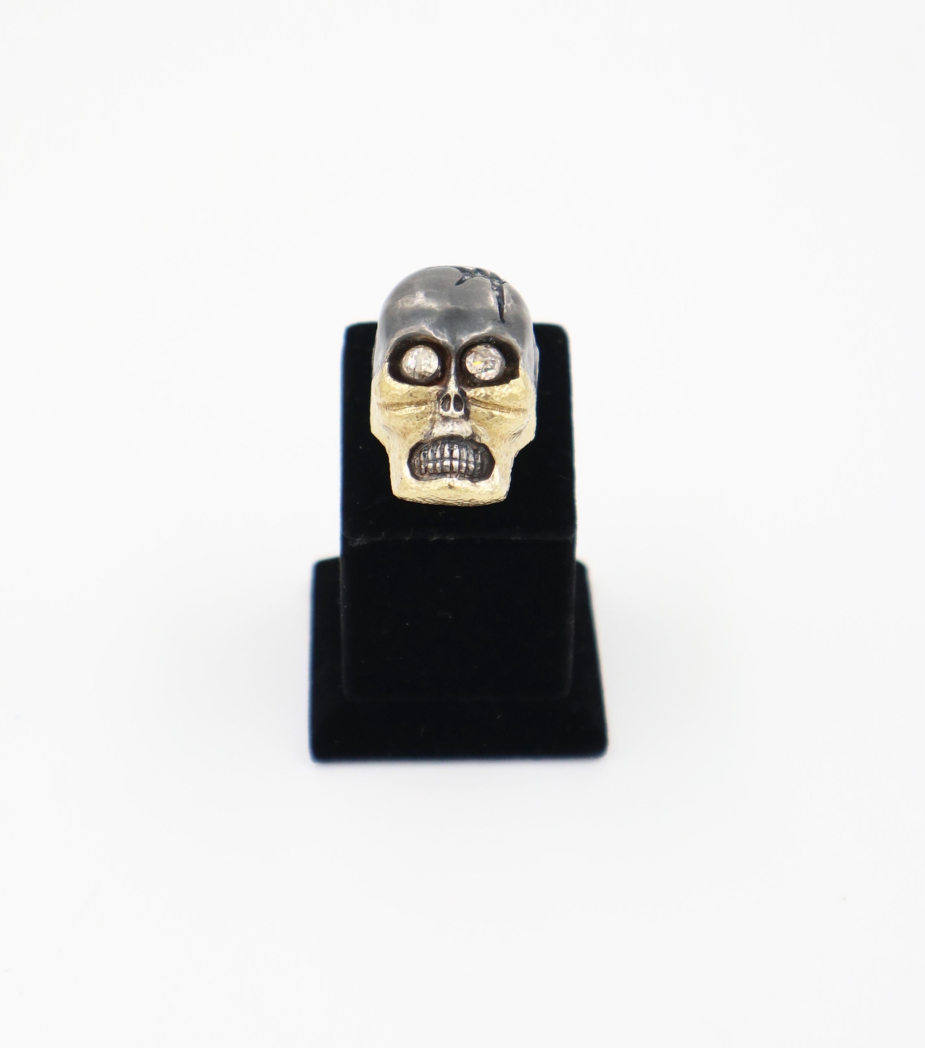 Women's or Men's Funny Eyes Rose Cut Diamonds Gold and Silver Skull Ring For Sale