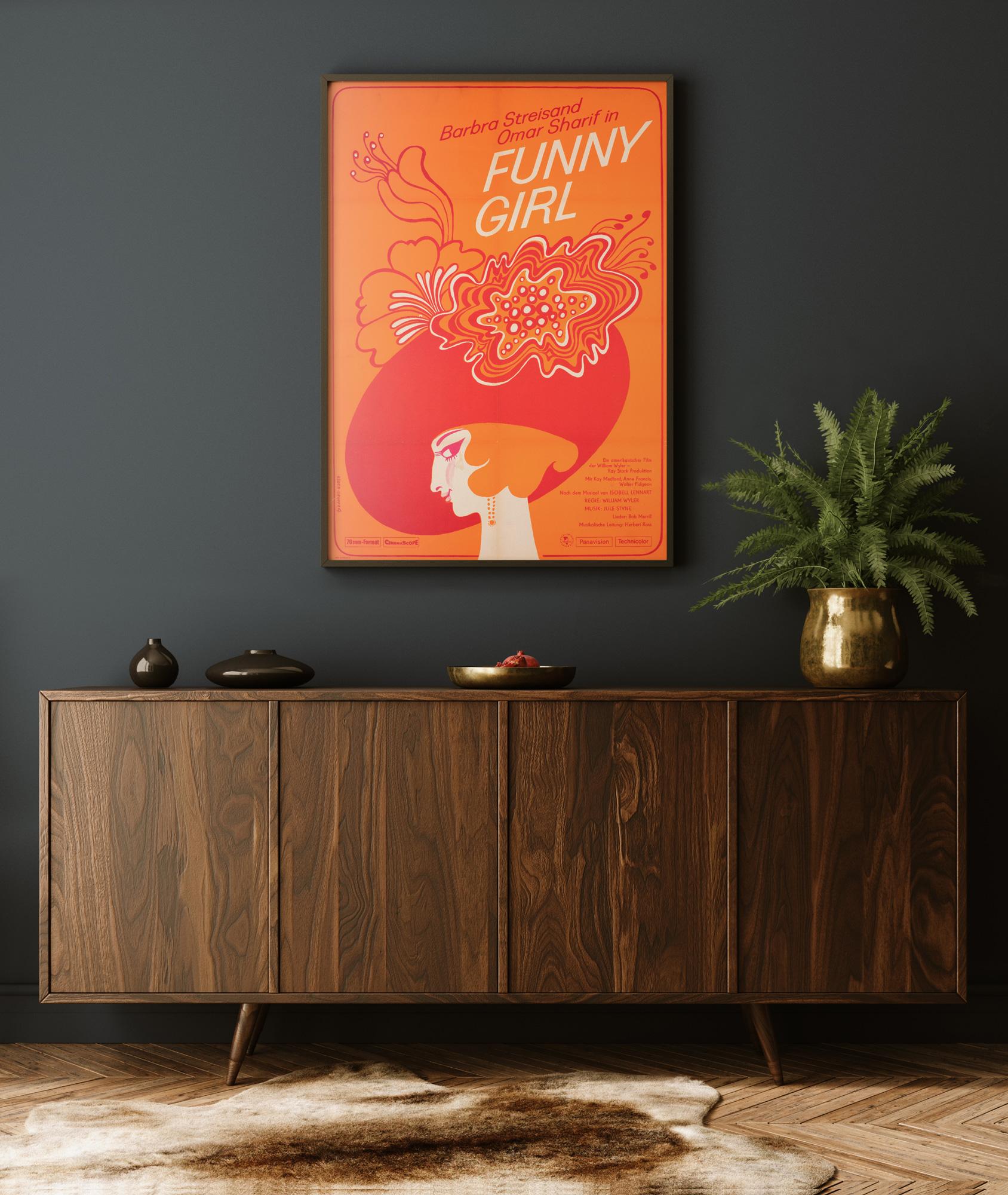 Charming design by Roeder features on this original East German film poster for Funny Girl starring Barbra Streisand and Omar Sharif.

This vintage movie poster is sized 22 3/4 x 32 inches and will be sent rolled (unframe).