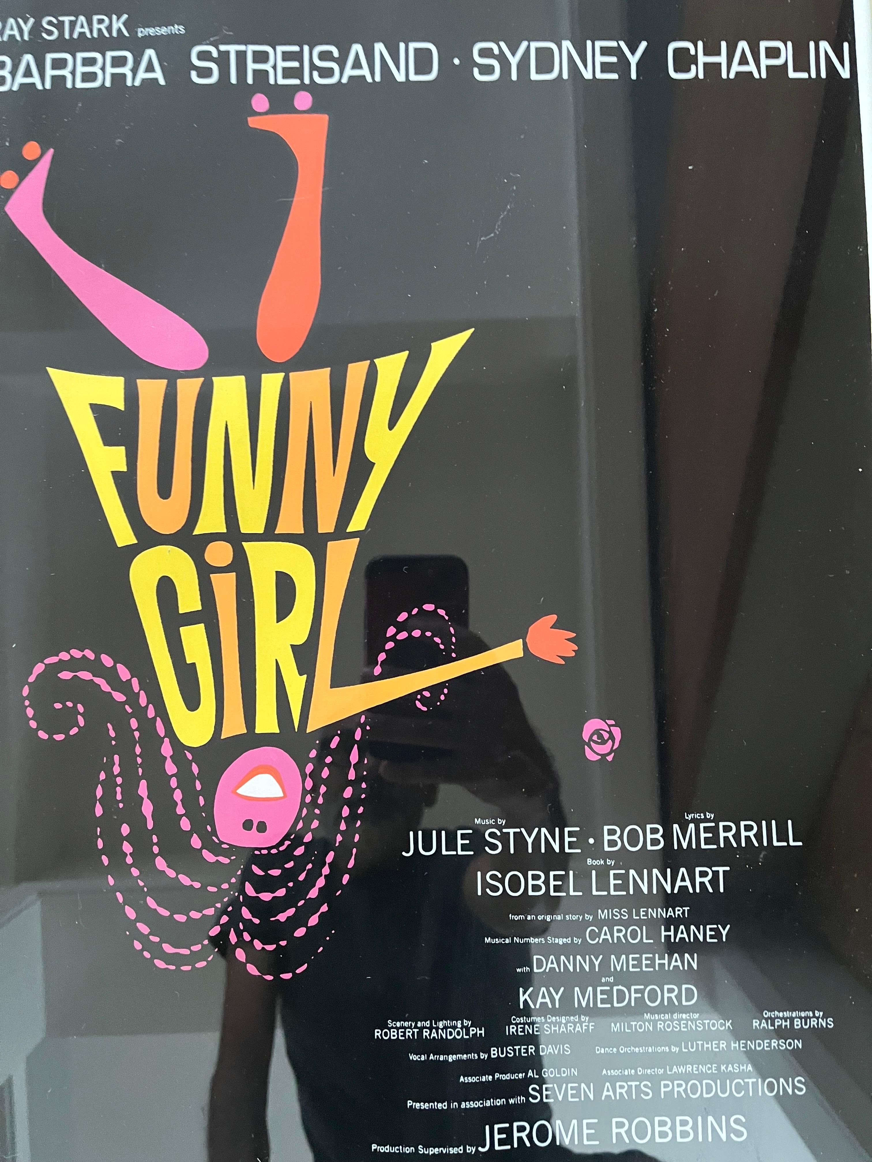 An original vintage theatrical window card stage play poster for funny girl. The 1964-1967 Garson Kanin Broadway musical stage play production starring Barbra Streisand and Sydney Chaplin.

In general good condition.
Needs to be reframed.