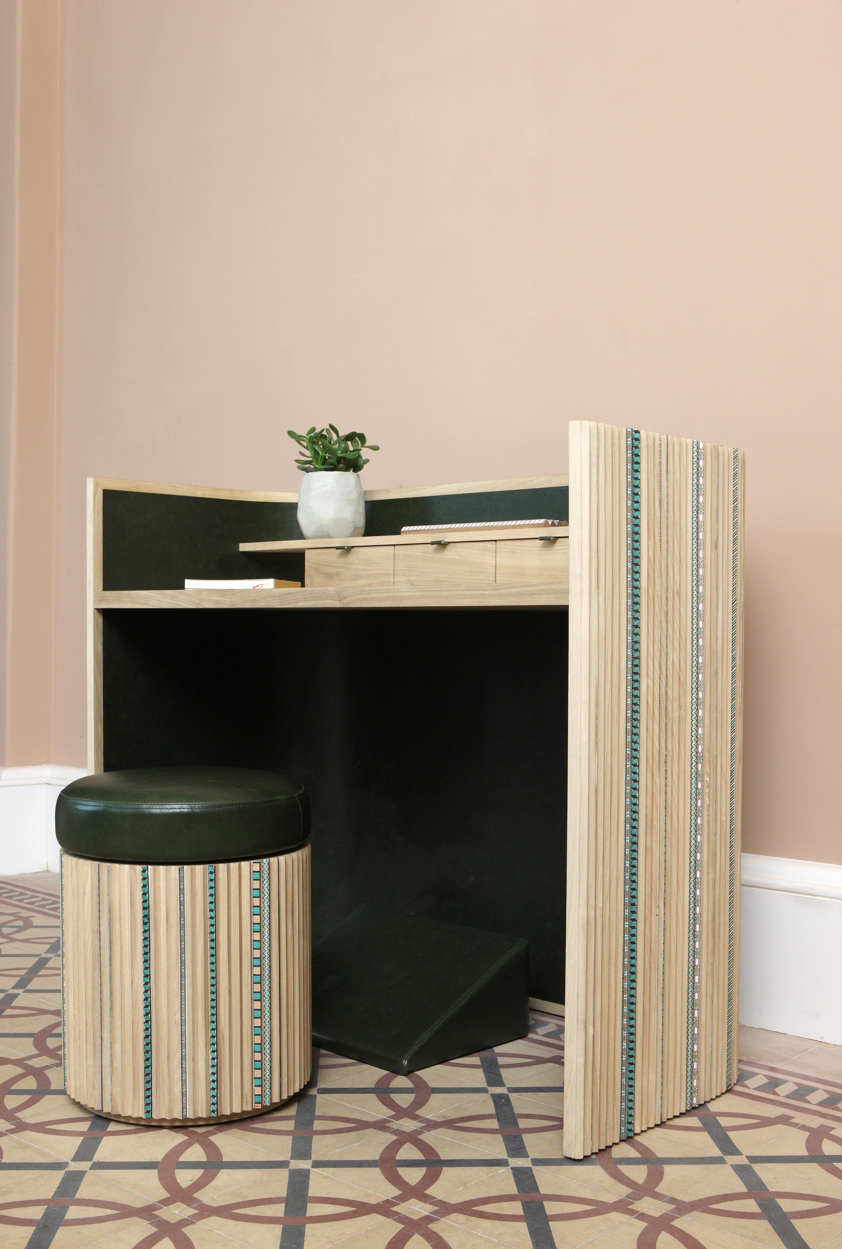 Modern Funquetry Pleated Secretaire in oak wood with Middle Easter marquetry patterns For Sale