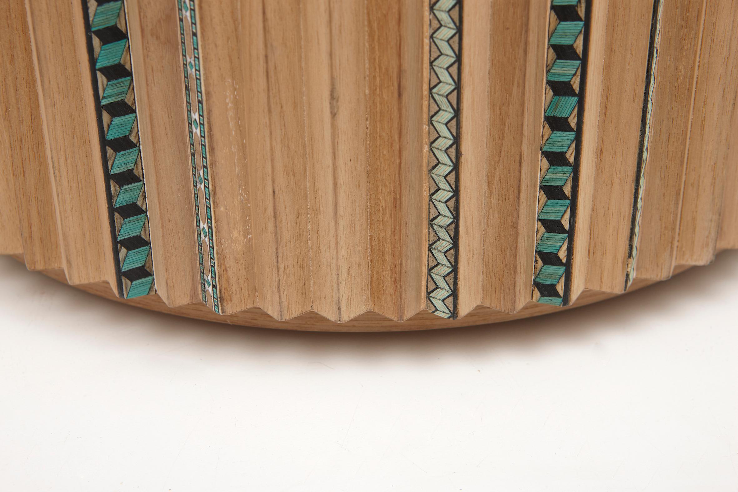 Modern Funquetry Pleated Stool in oak with traditional marquetry patterns. Leather seat For Sale