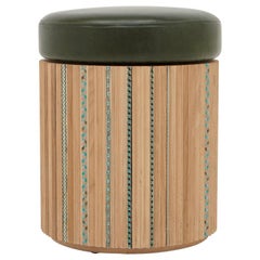 Funquetry Pleated Stool in oak with traditional marquetry patterns. Leather seat Funquetry Pleated Stool in oak with traditional marquetry patterns. Leather seat