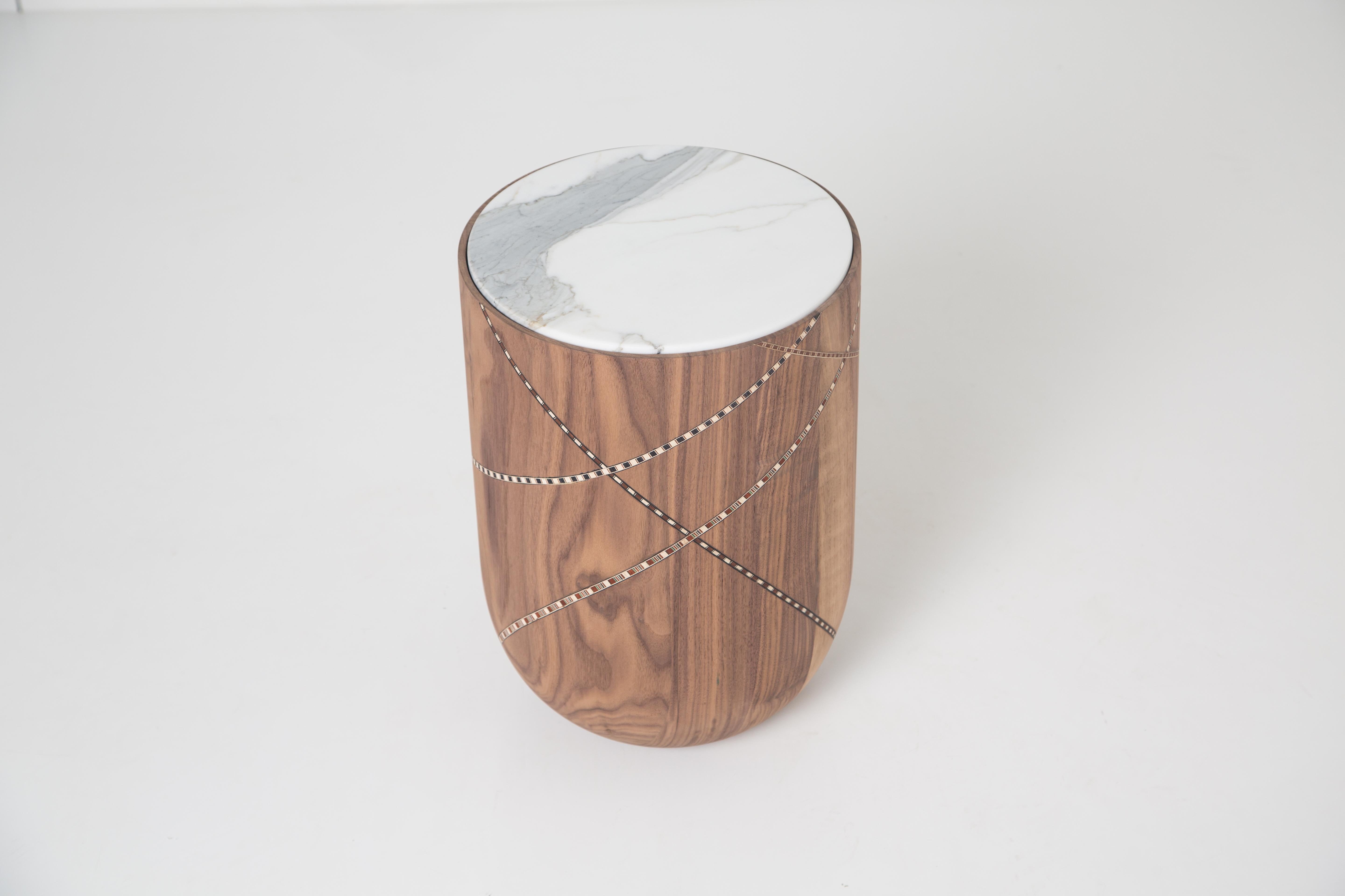 Modern Funquetry Swirl Table - Side table in walnut with traditional marquetry stripes  For Sale