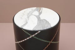 Funquetry Swirl Table, Grey Matt Finish with Traditional Marquetry Stripes
