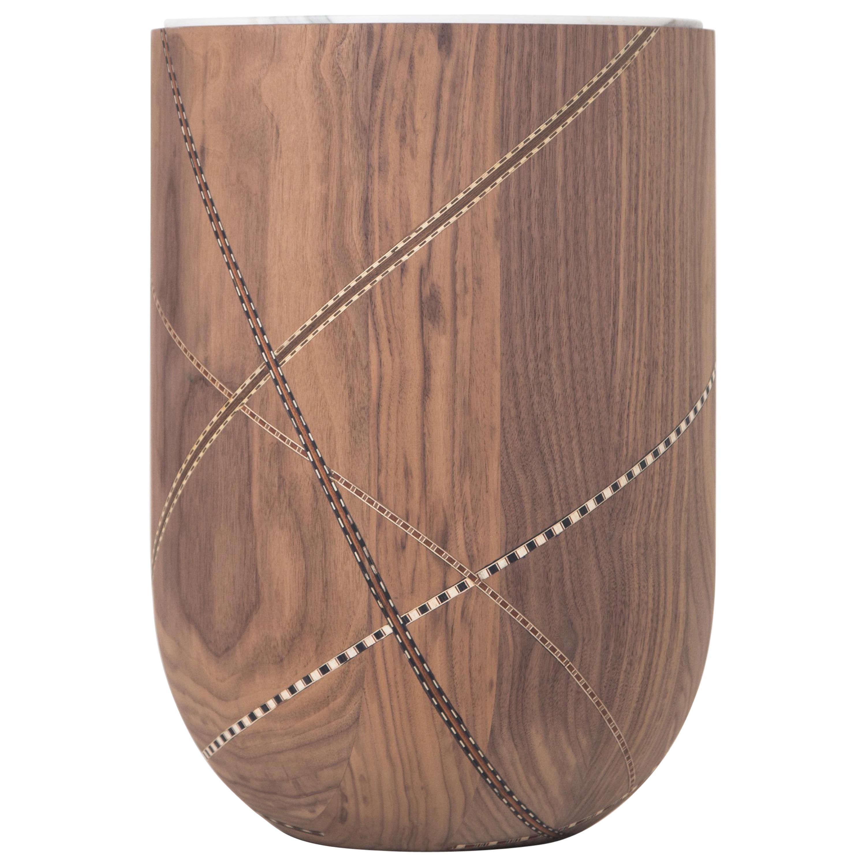 Funquetry Swirl Table - Side table in walnut with traditional marquetry stripes For Sale