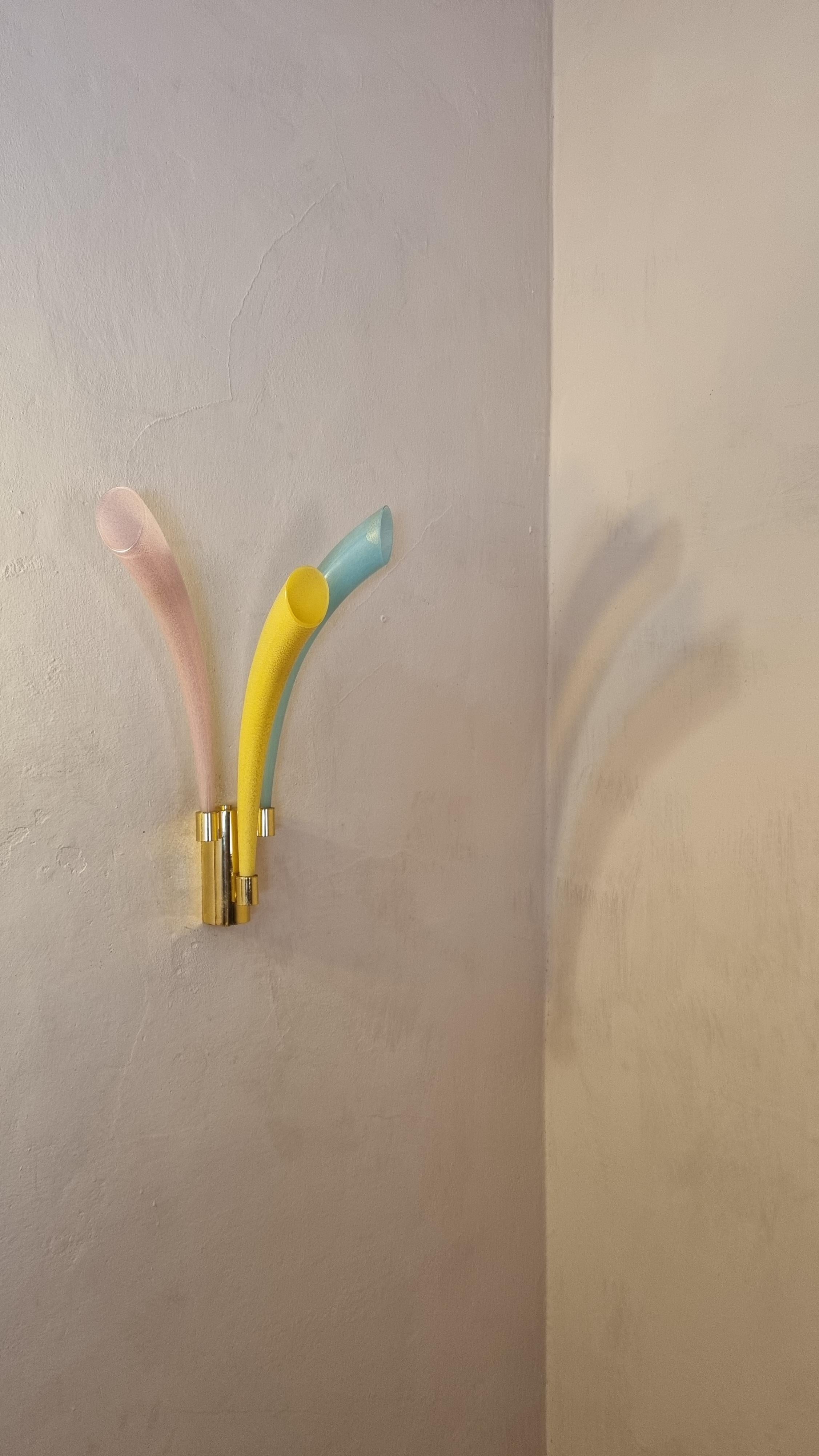 Fuochi Artificiali wall lamp designed by Angelo Barovier for Barovier & Toso in the 1986, brass structure, multicolored blown glass with gold leaf inclusions. , mounting G 9 bulbs.
Excellent conditions, new electric plant, perfectly working.
5