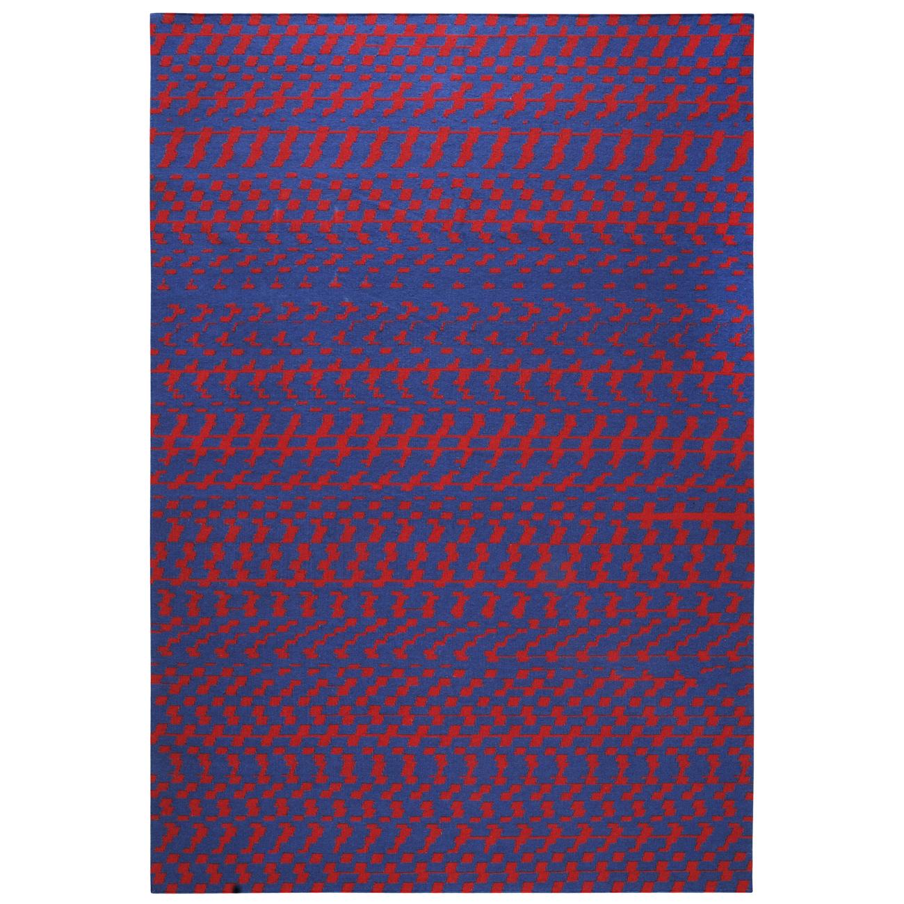 Fuoritempo - Red Blue - Design Kilim Rug Wool Cotton Carpet Handwoven Light For Sale