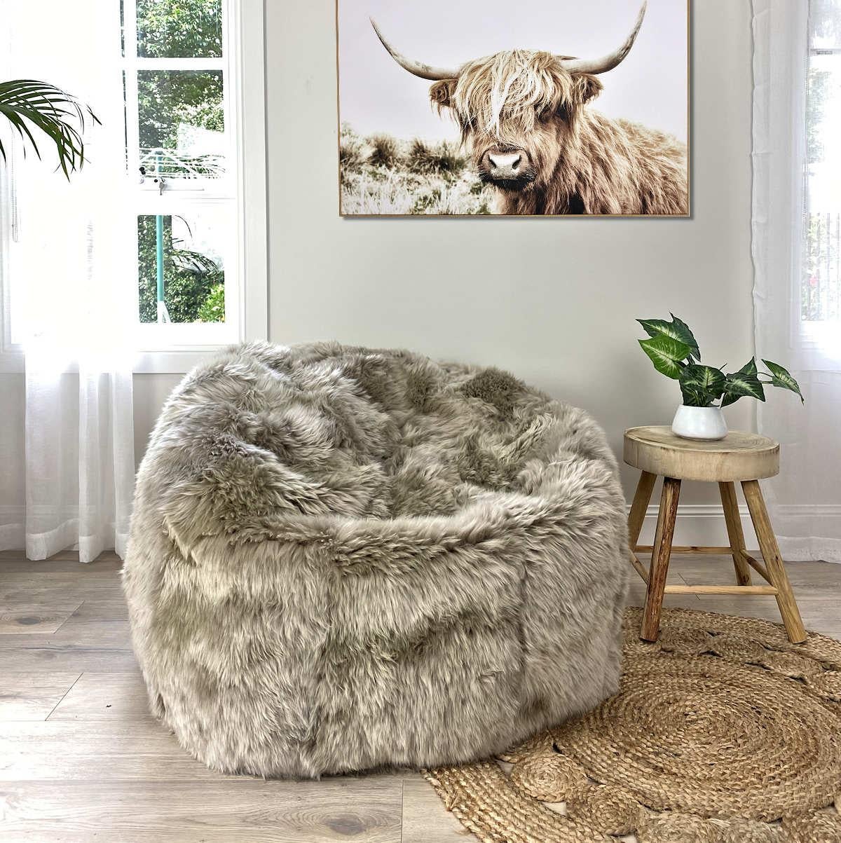 Hand-Crafted Fur Bean Bag Chair Cover taupe or Stone  - Merino Sheepskin For Sale