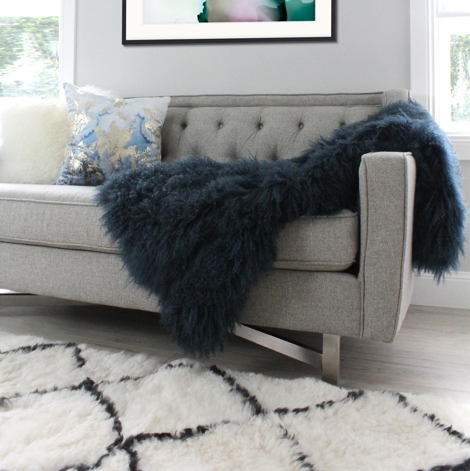 Hollywood Regency Fur Blanket throw Mongolian Fur Sailor Blue