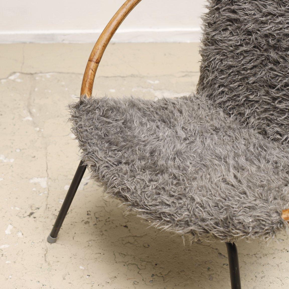 Mid-20th Century Fur Easy Chair with Bamboo Armrest