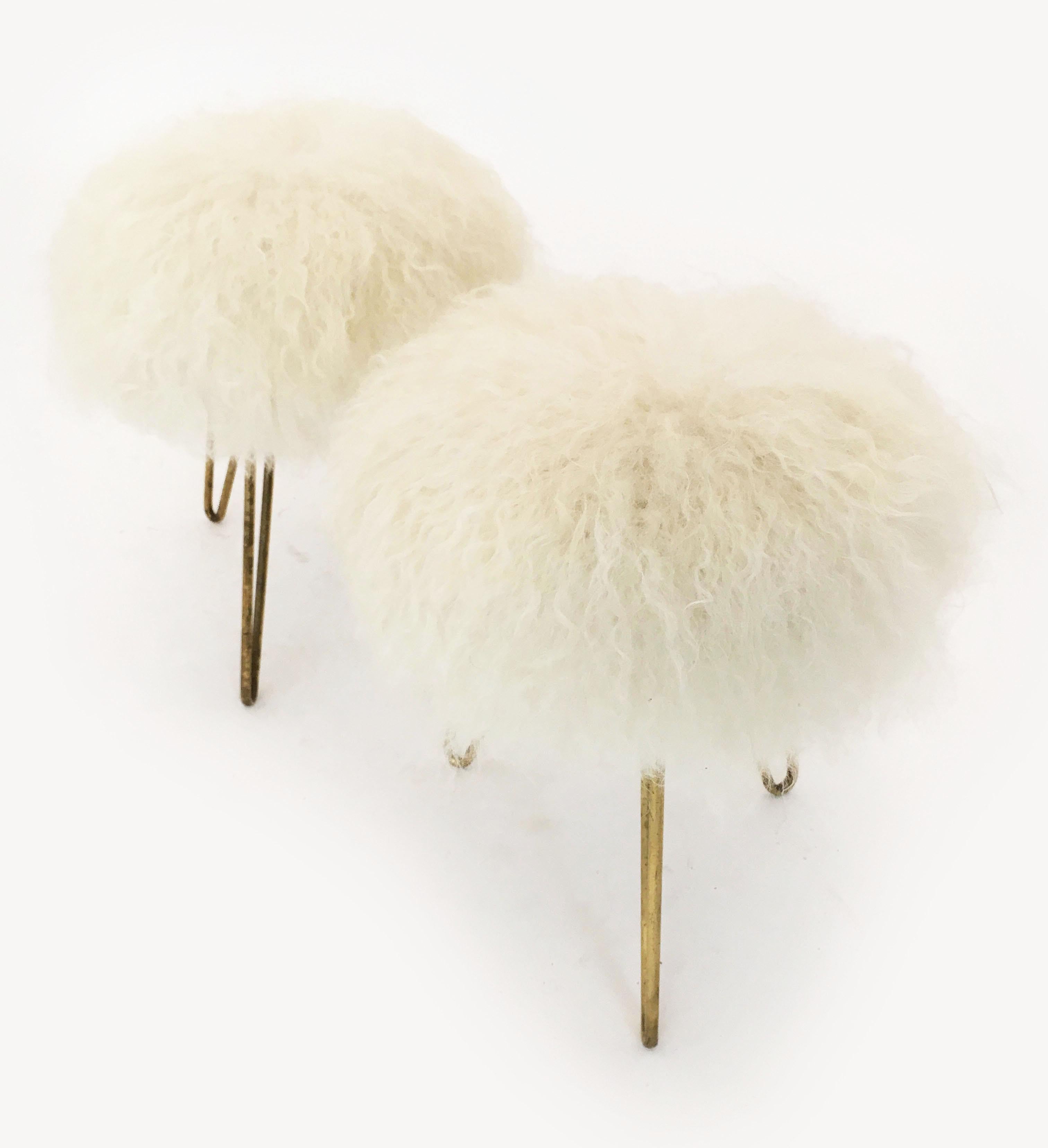 Pair White Fur Stools, France 1950s For Sale 3