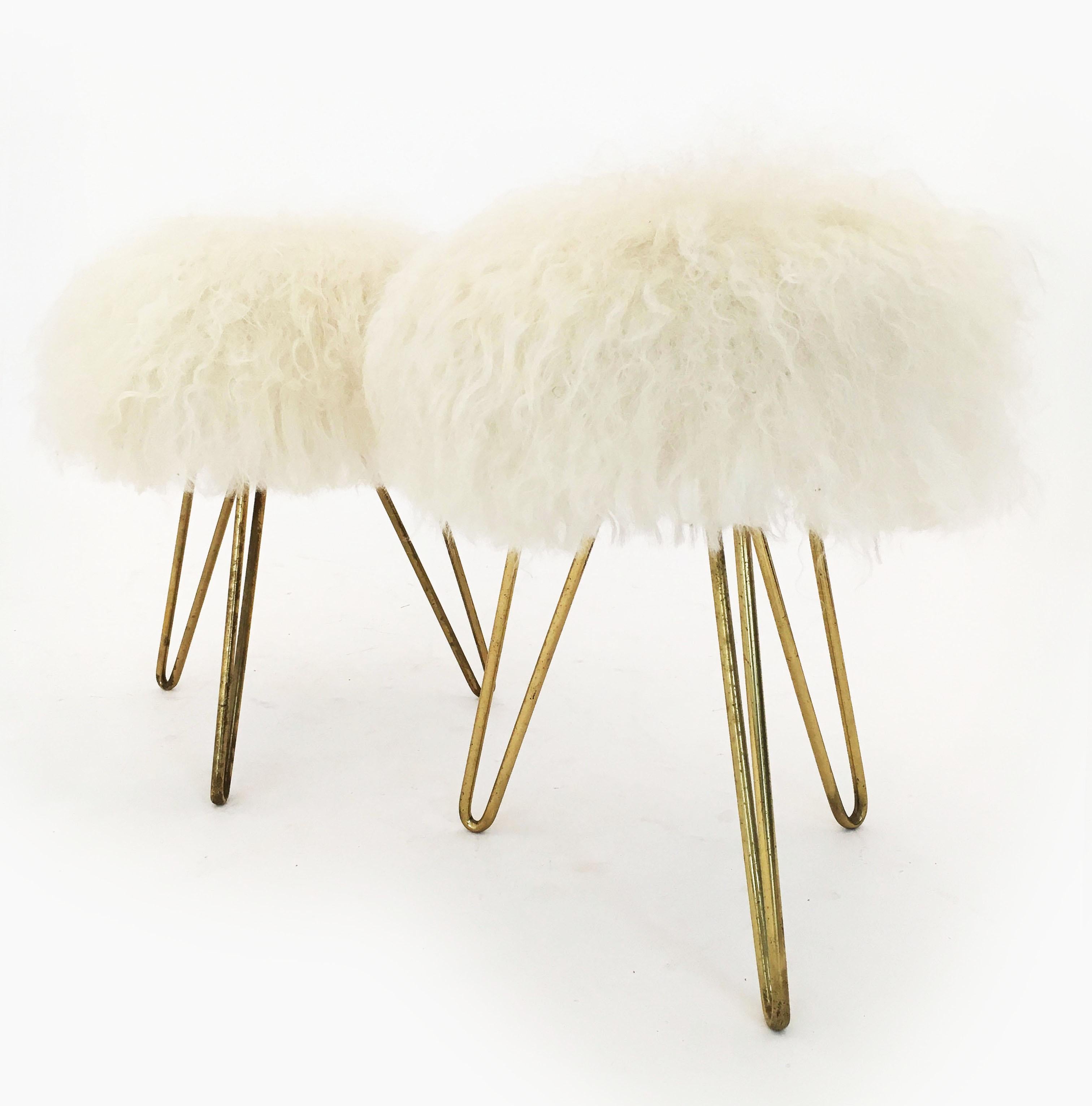 Pair White Fur Stools, France 1950s For Sale 4