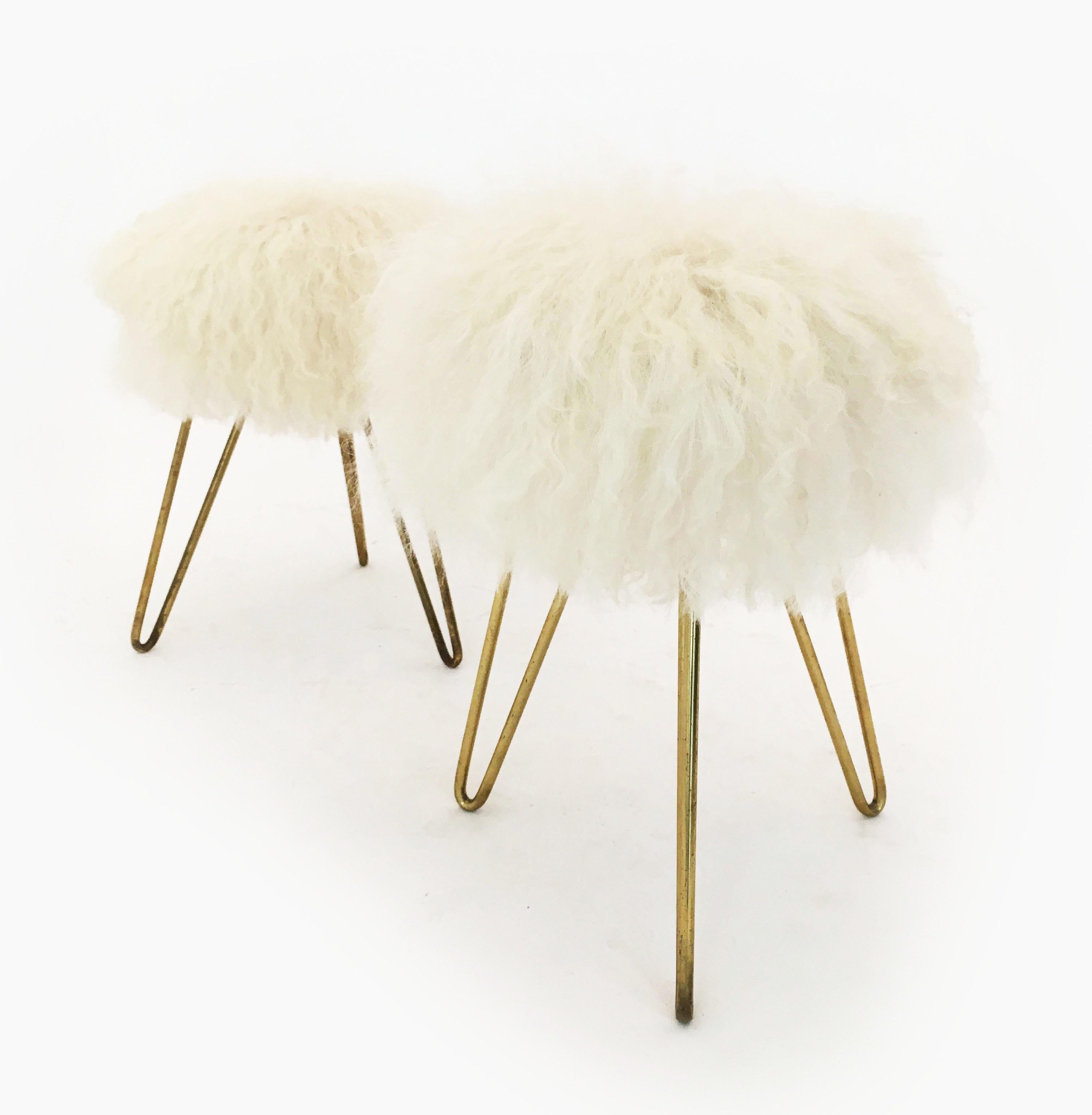 Pair White Fur Stools, France 1950s For Sale 6