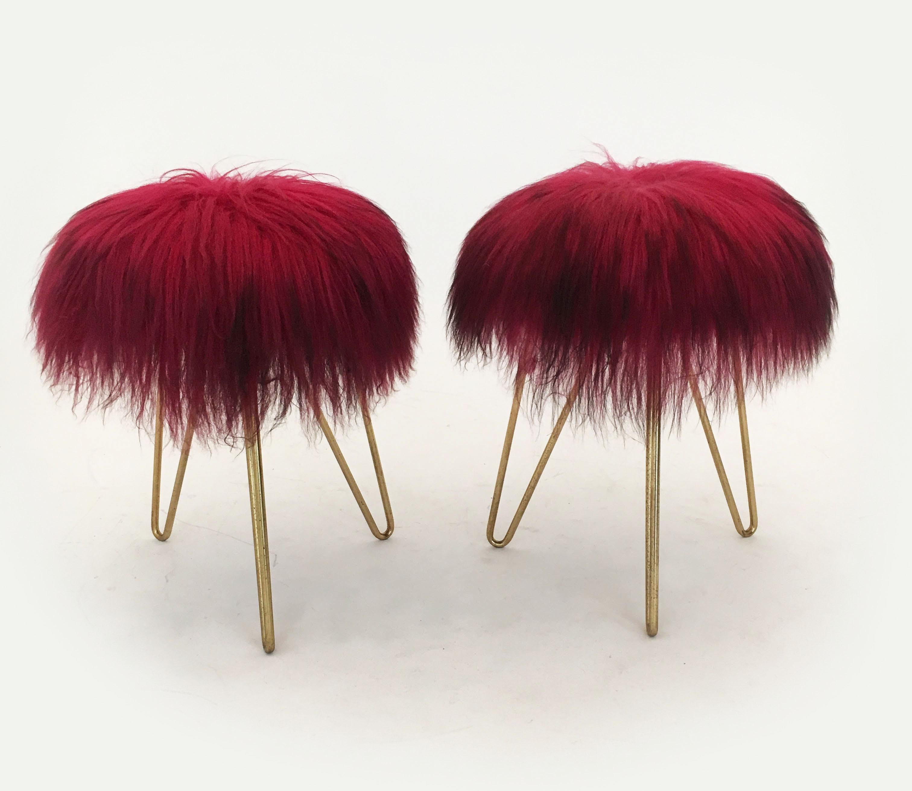 Mid-Century Modern Fuchsia Fur Stools, France 1950s