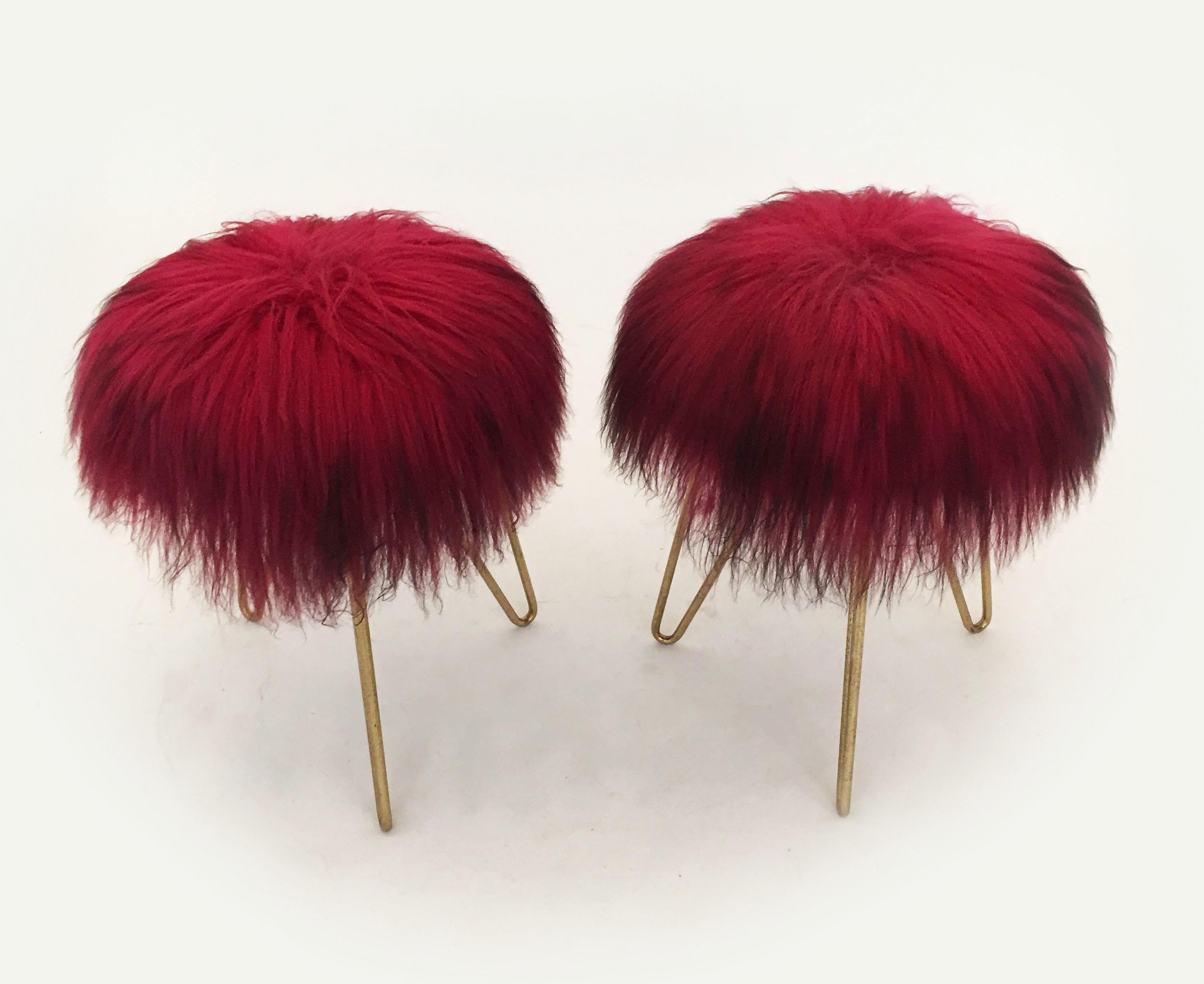 French Fuchsia Fur Stools, France 1950s