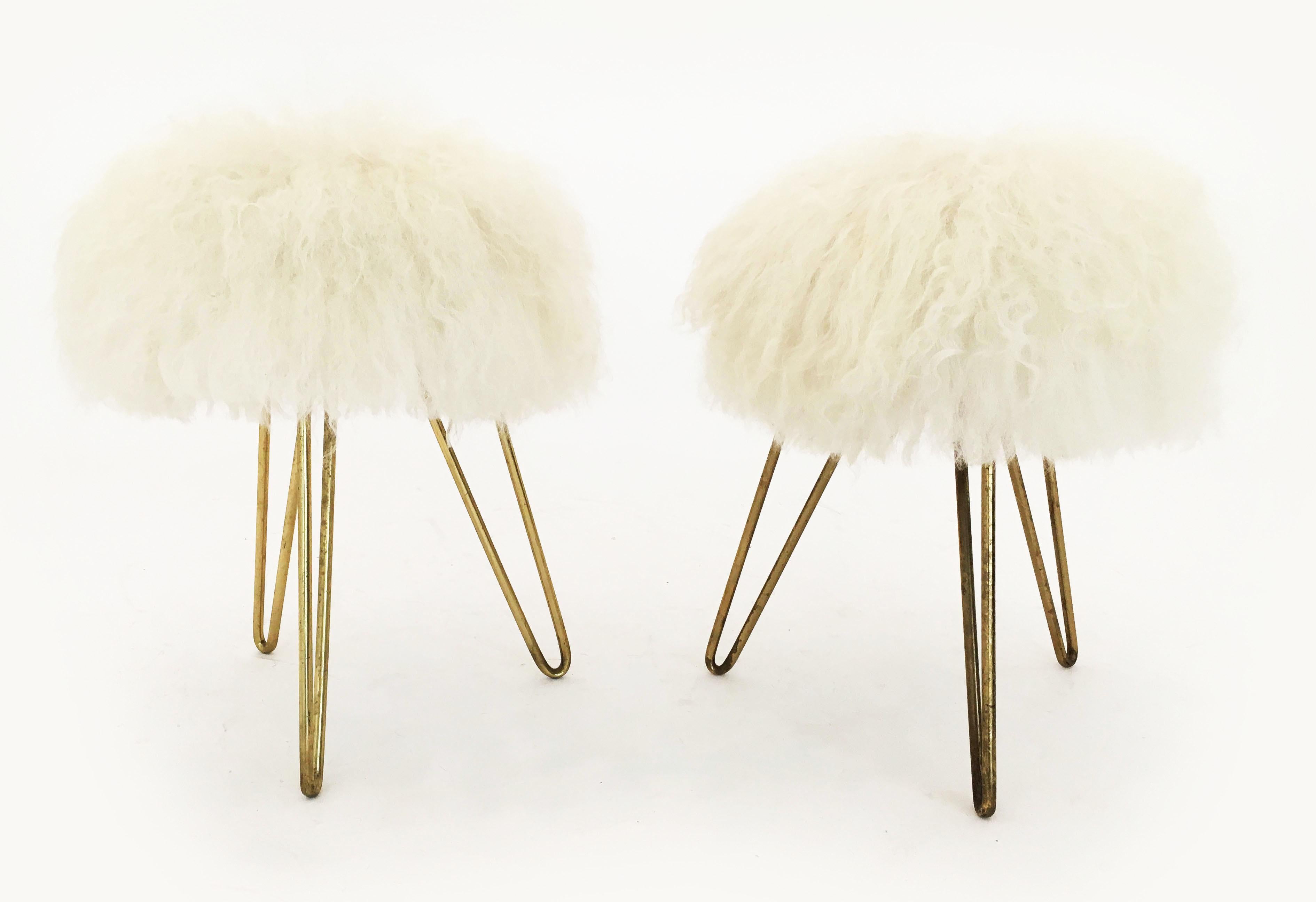 Mid-Century Modern Pair White Fur Stools, France 1950s For Sale