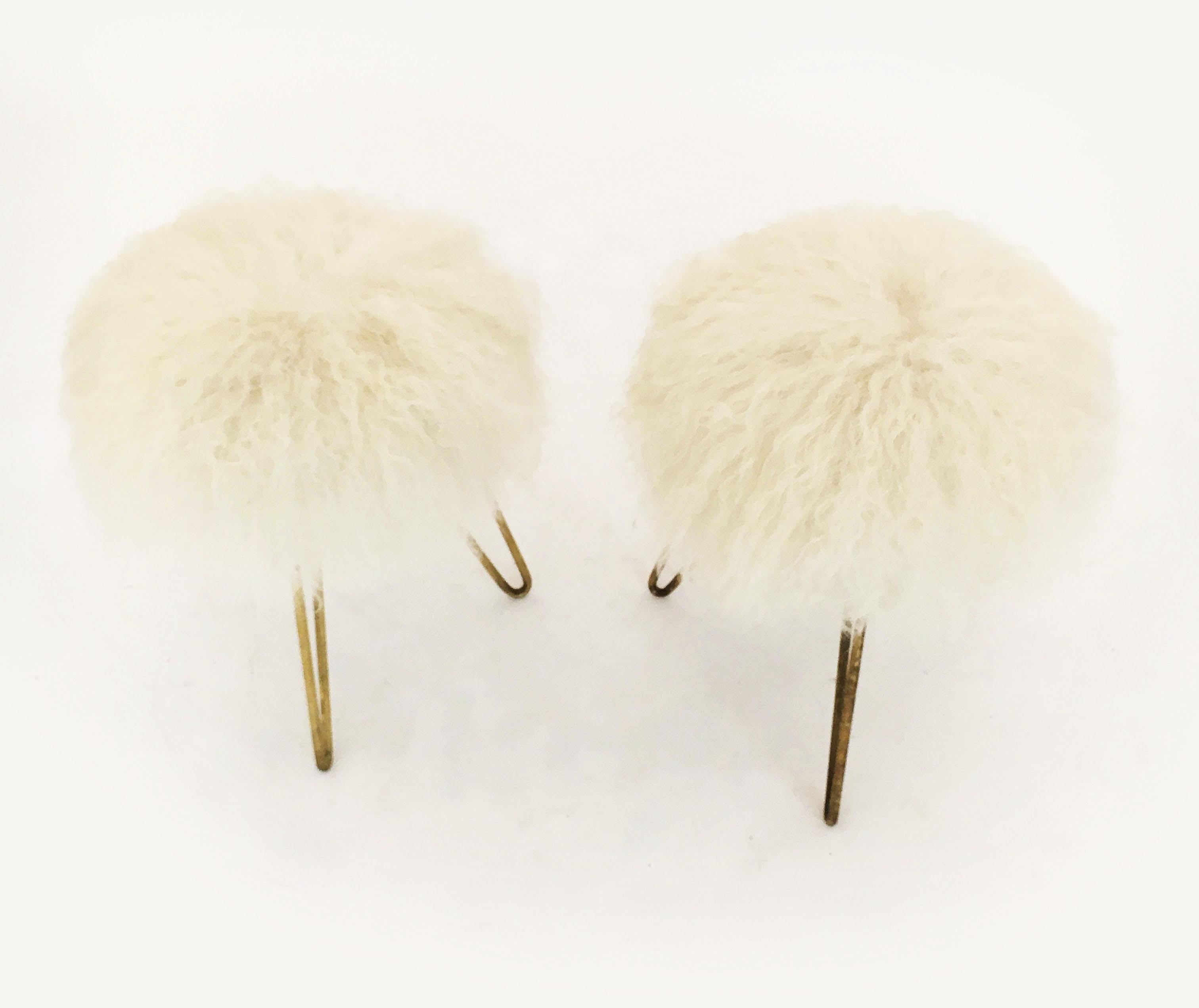 French Pair White Fur Stools, France 1950s For Sale