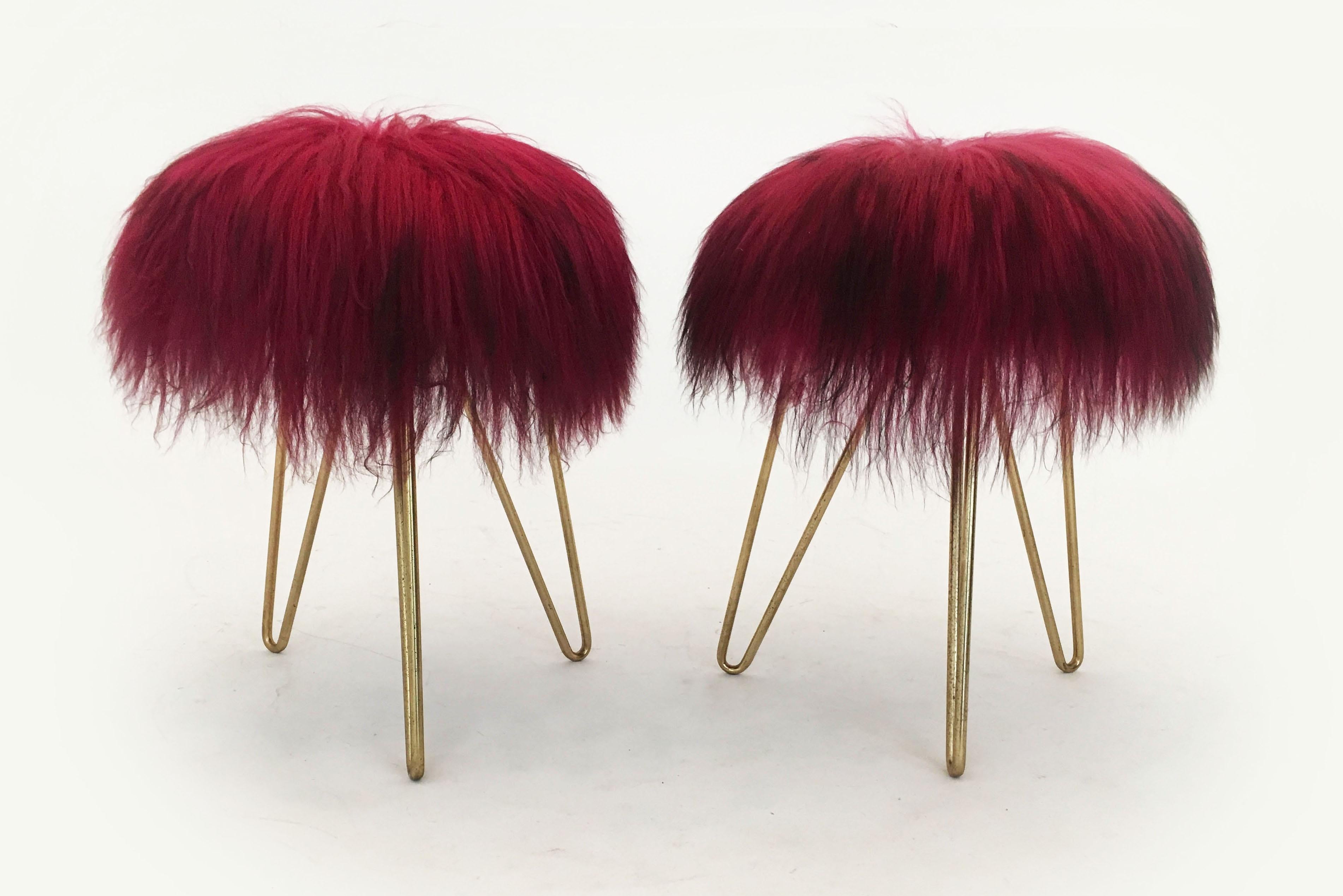 Mid-20th Century Fuchsia Fur Stools, France 1950s