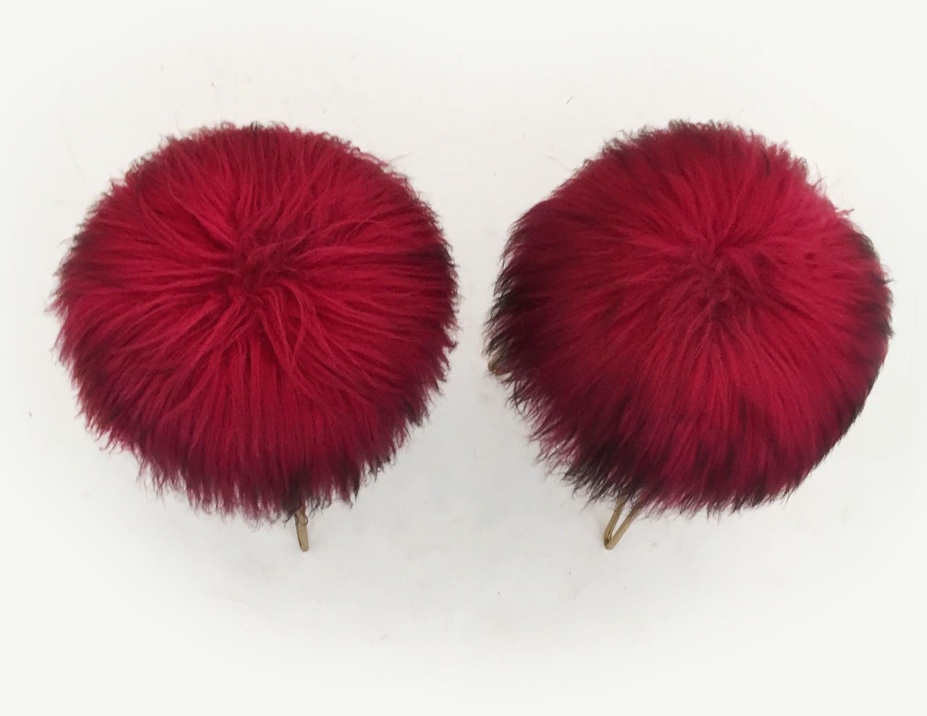 Brass Fuchsia Fur Stools, France 1950s