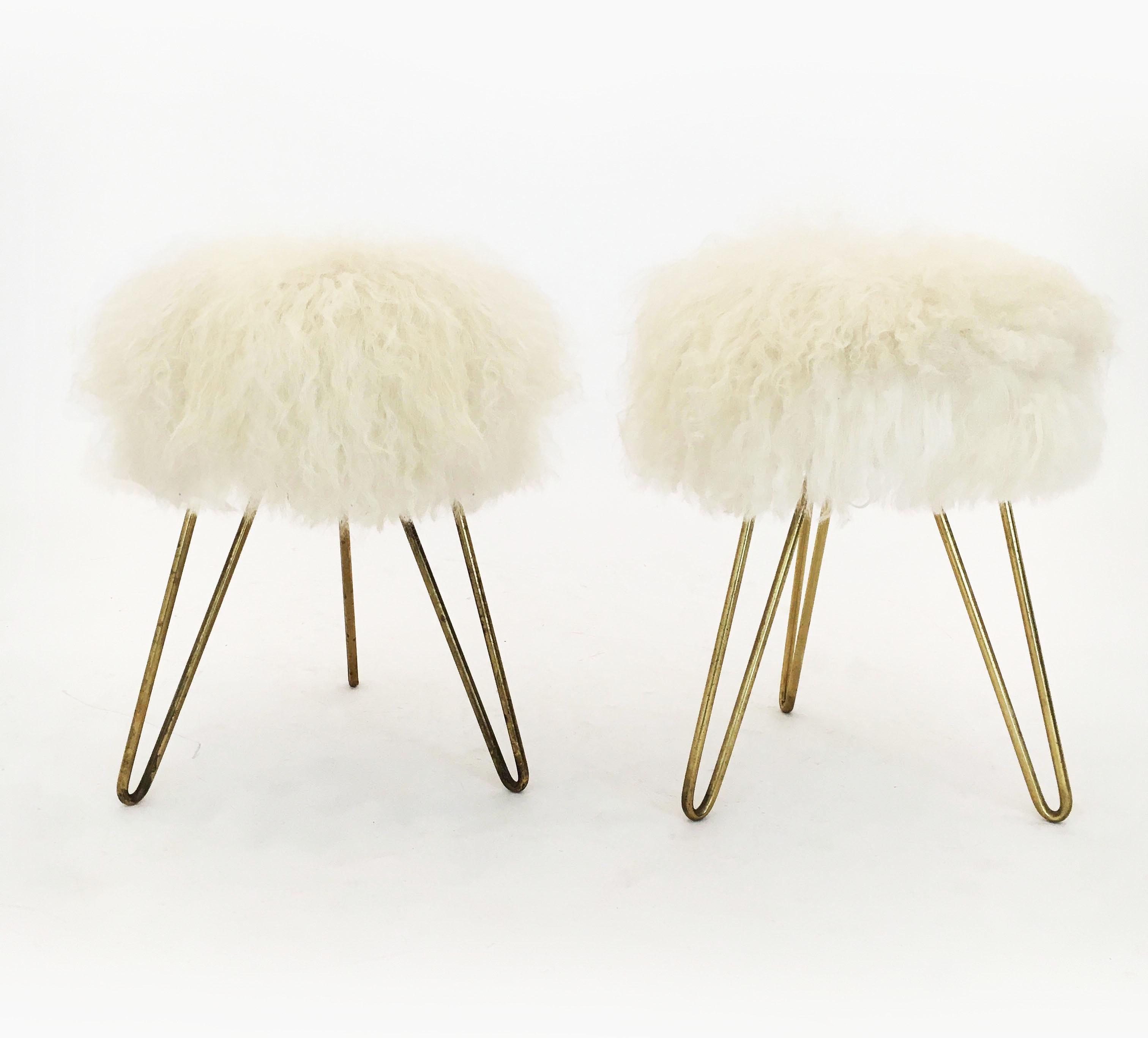 Pair White Fur Stools, France 1950s For Sale 1