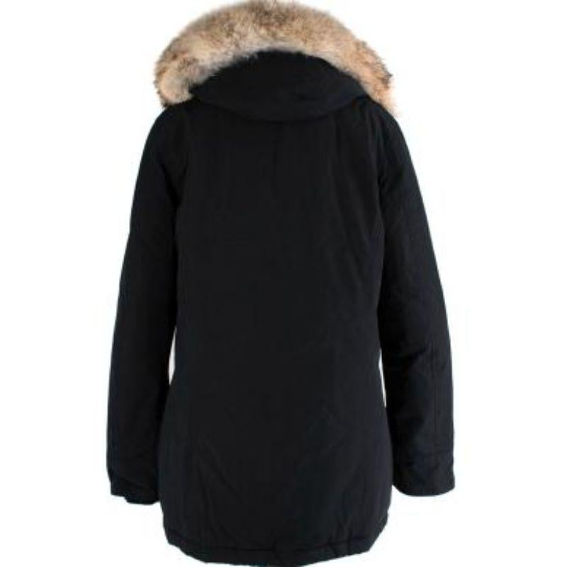 Woolrich Fur Trim Hooded Black Duck Down Coat
 
 
 
 - Mid weight black cotton body
 
 - Detachable brown racoon fur hood trim 
 
 - Two breast slip pockets with button flap fastening 
 
 - Long sleeve
 
 - Fully lined with grey polyester 
 
 
 
