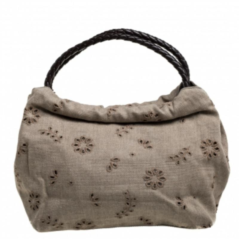 Furla Beige Canvas and Brown Leather Floral Cut Out Shoulder Bag For Sale 5
