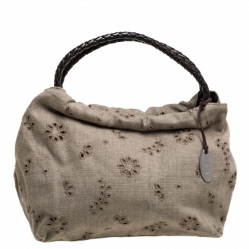 Furla Beige Canvas and Brown Leather Floral Cut Out Shoulder Bag For Sale