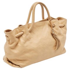 Furla Beige Leather Drawstring Metal Handle Shoulder Bag