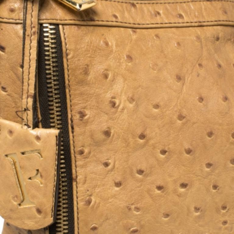 Furla Beige Ostrich Embossed Leather Zip Hobo In Fair Condition For Sale In Dubai, Al Qouz 2