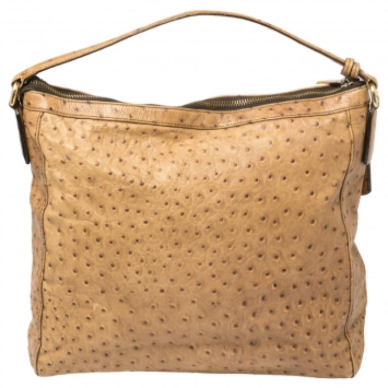 Women's Furla Beige Ostrich Embossed Leather Zip Hobo For Sale