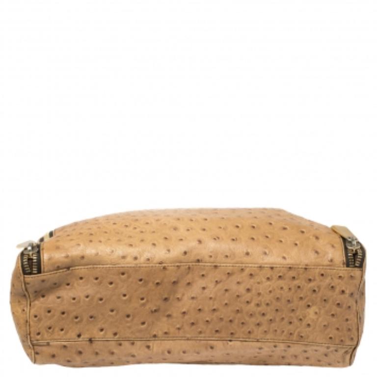 Furla Beige Ostrich Embossed Leather Zip Hobo For Sale 3