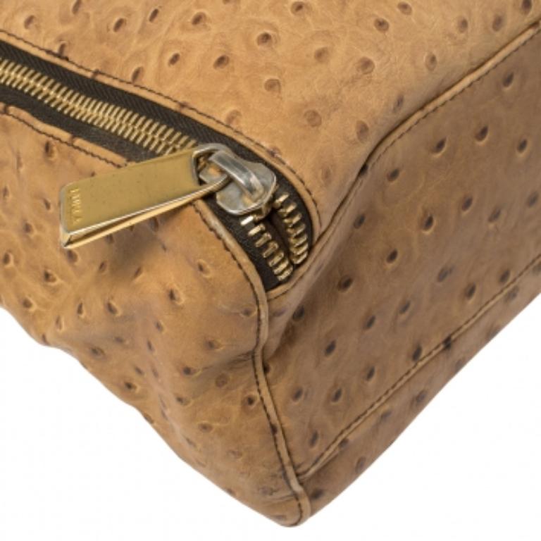 Furla Beige Ostrich Embossed Leather Zip Hobo For Sale 4