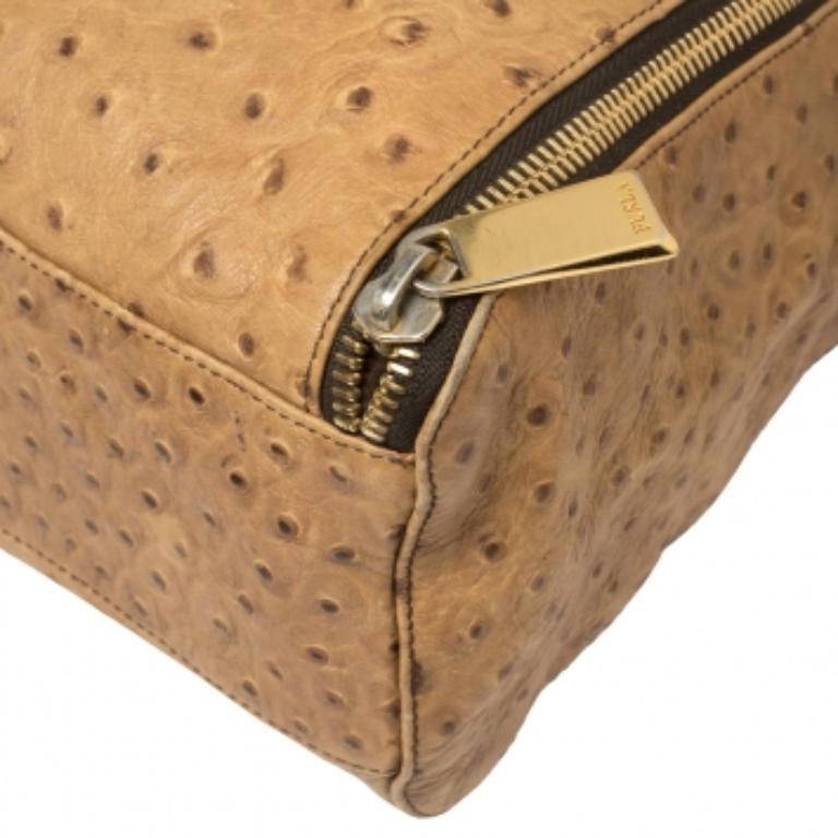 Furla Beige Ostrich Embossed Leather Zip Hobo For Sale 5
