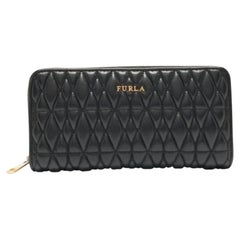 Furla Black Quilted Leather XL Cometa Zip Around Wallet